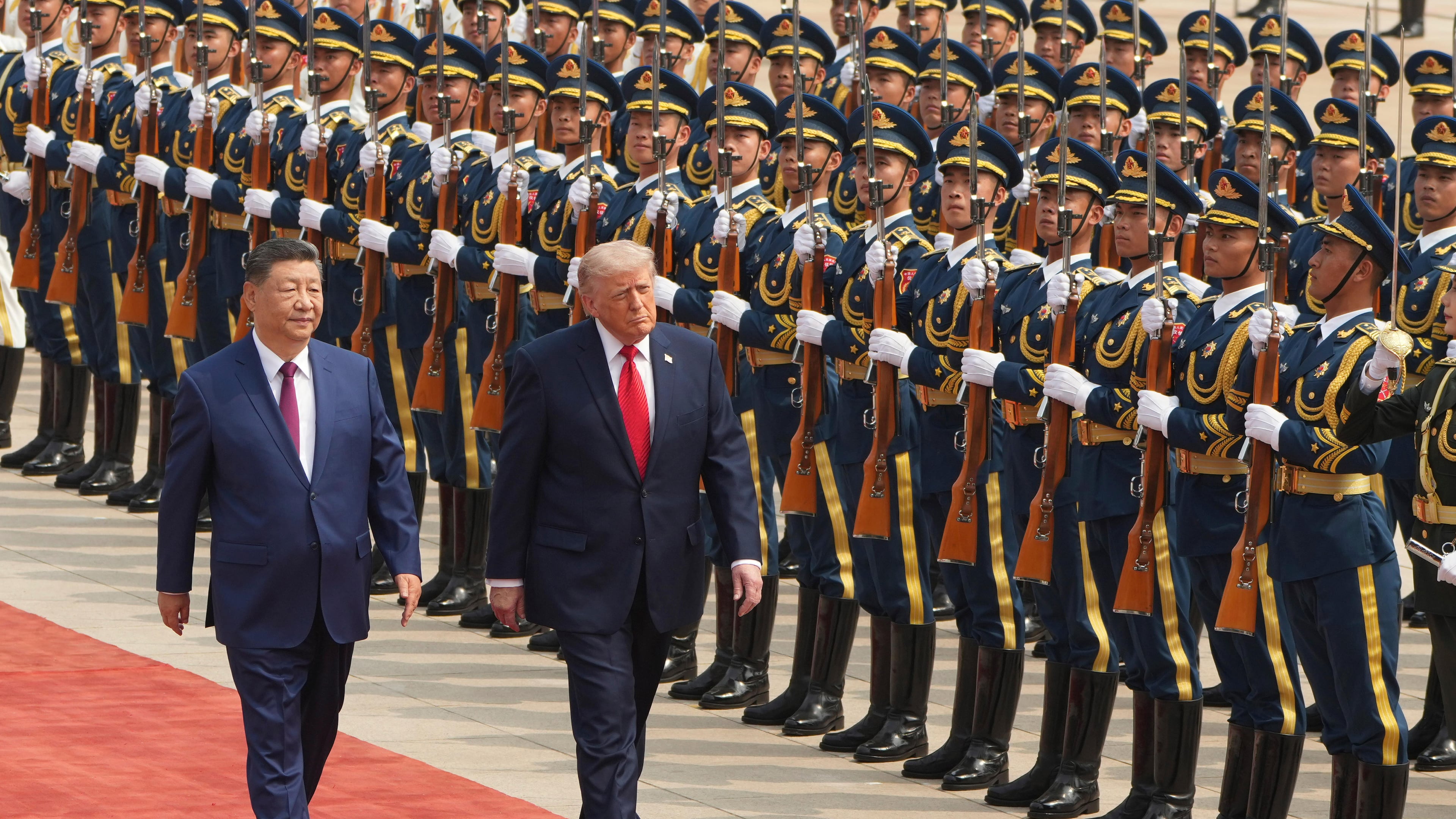 President Donald Trump participates in a welcome ceremony with China's President Xi Jinping at the Great Hall of the People, Thursday, May 14, 2026, in Beijing. (AP Photo/Mark Schiefelbein)