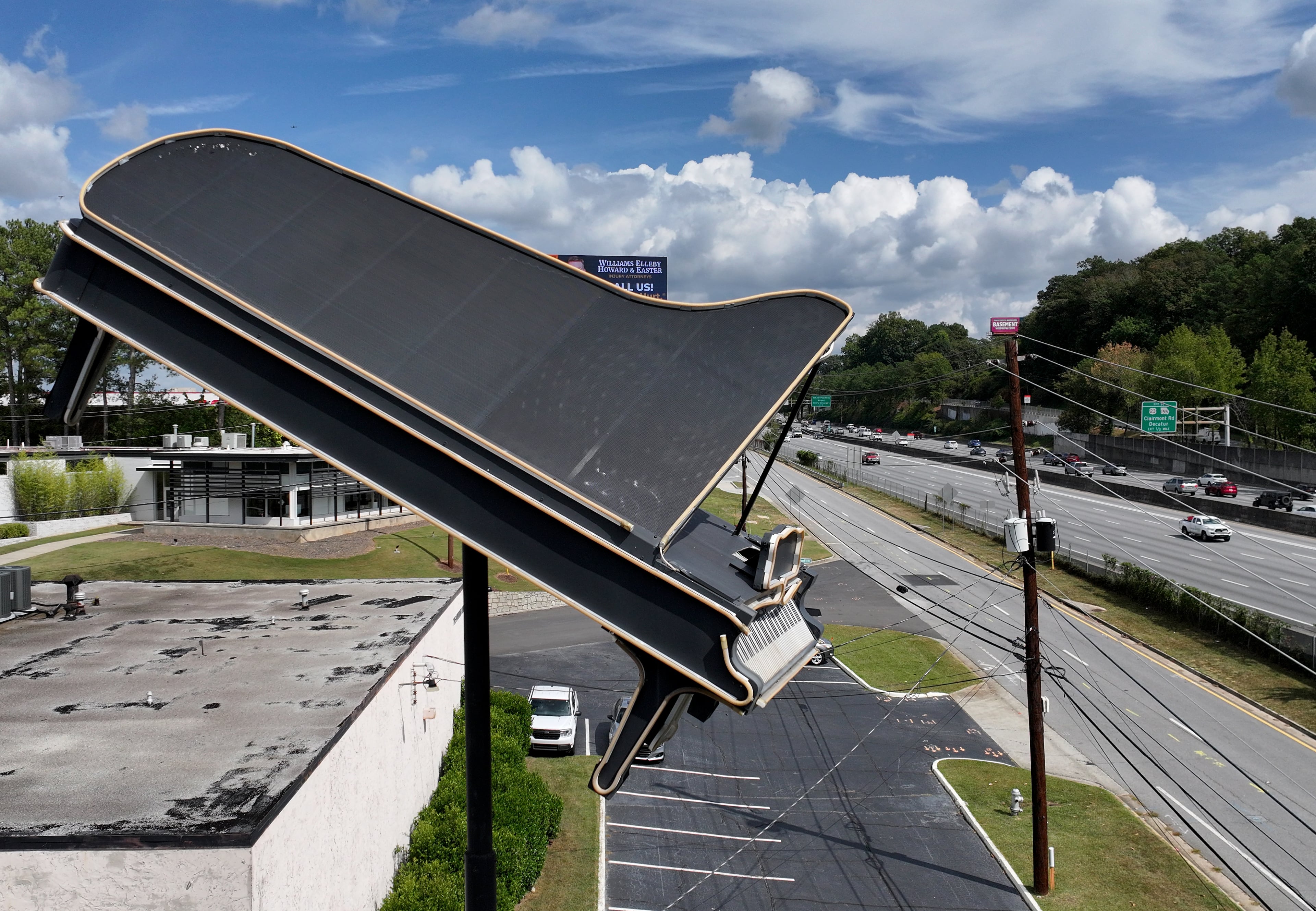 An aerial photo shows the piano sign that will be removed later this month. (Hyosub Shin/AJC)