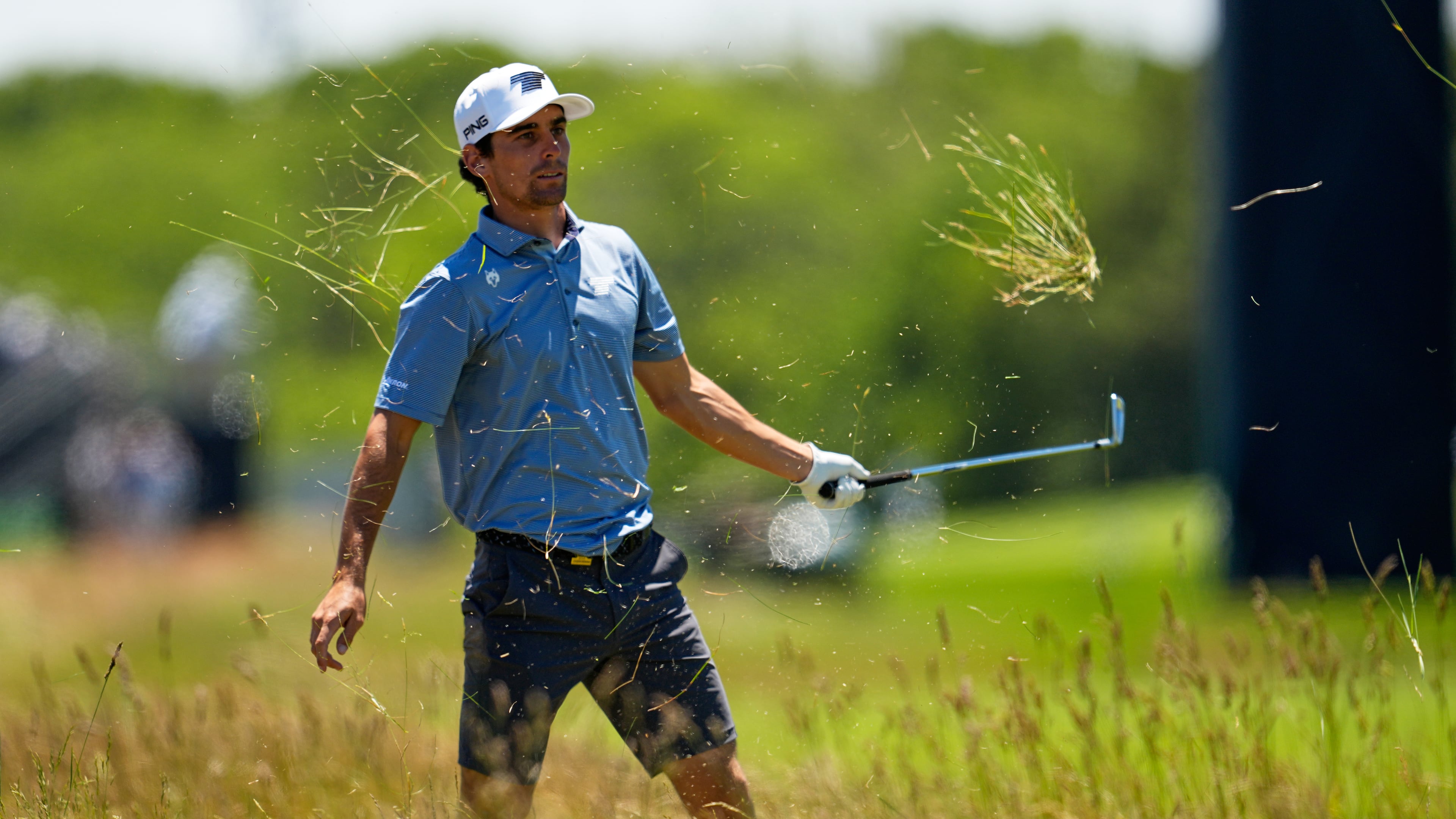 Joaquin Niemann hits from the rough on the third hole during a practice round for the U.S. Open golf tournament at Shinnecock Hills Golf Club in Southampton, N.Y., Tuesday, June 16, 2026.(AP Photo/George Walker IV)