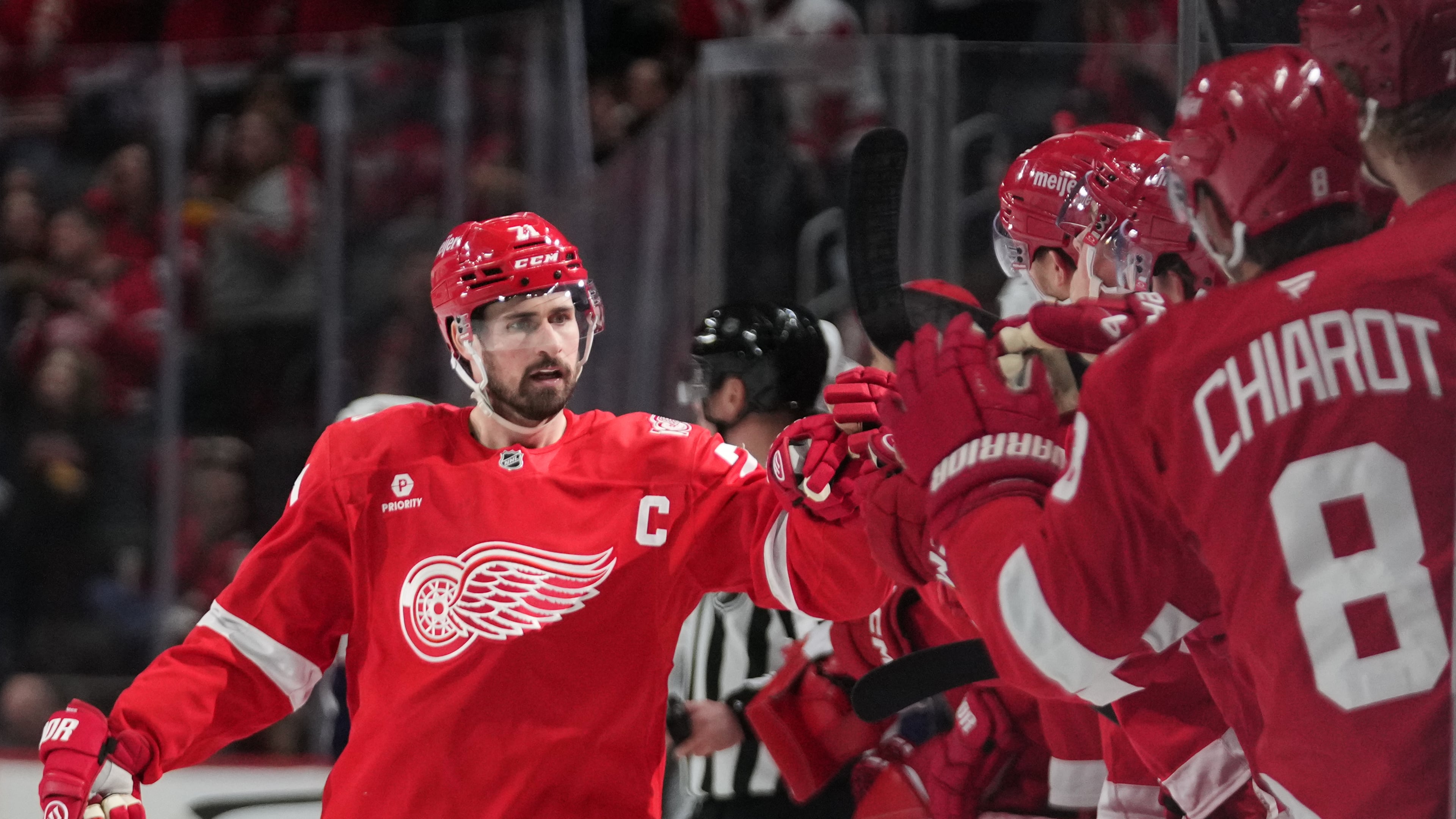 FILE - Detroit Red Wings center Dylan Larkin celebrates his goal against the Columbus Blue Jackets in the first period of an NHL hockey game in Detroit, April 7, 2026. (AP Photo/Paul Sancya, File)