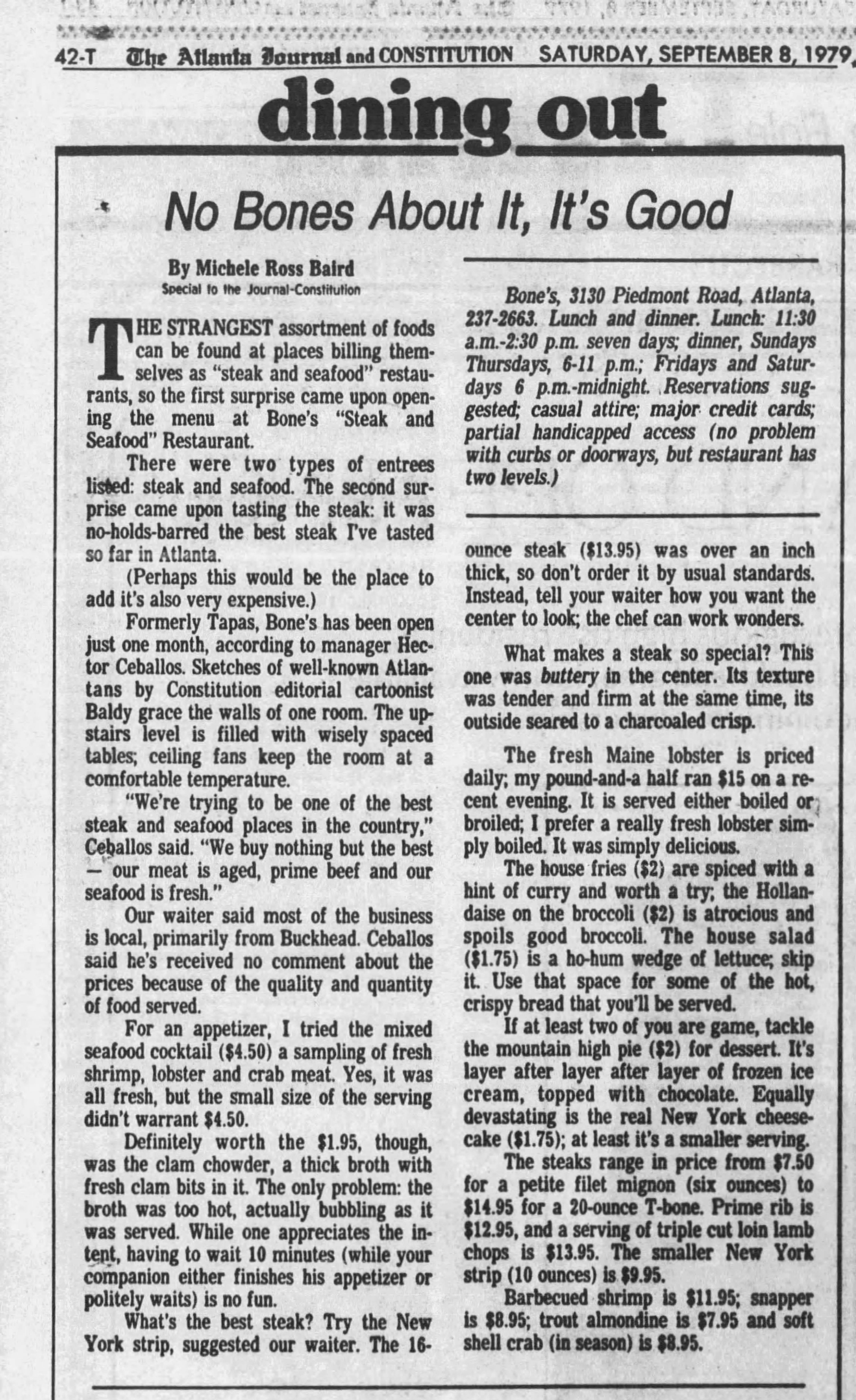 The Atlanta Journal-Constitution's initial review of Bones Restaurant after it opened in 1979. (File)