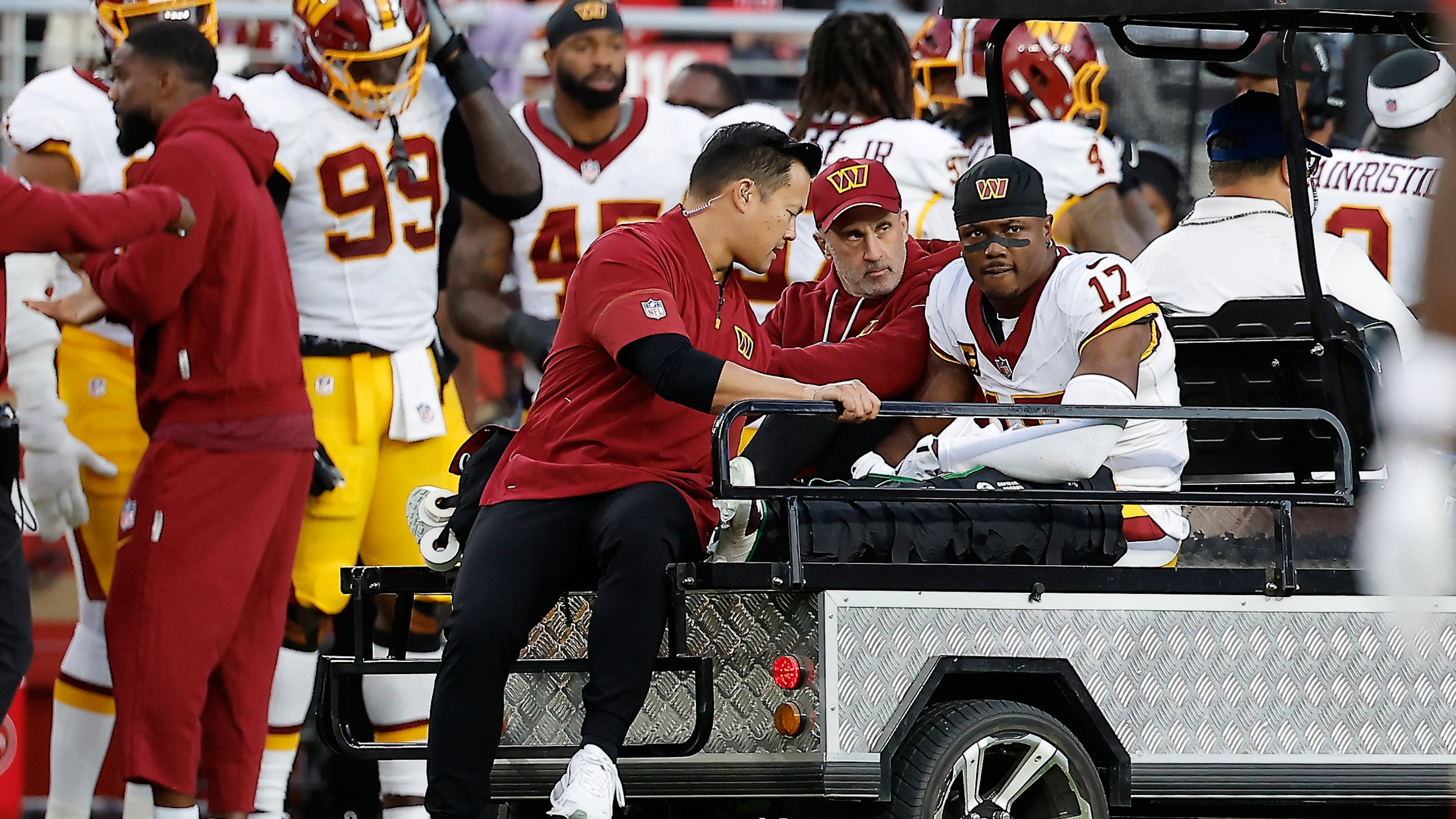 Washington Commanders wide receiver Terry McLaurin (17) is carted off the field during the first half of an NFL football game against the San Francisco 49ers in Santa Clara, Calif., Monday, Oct. 19, 2026. (AP Photo/Kelley L. Cox)