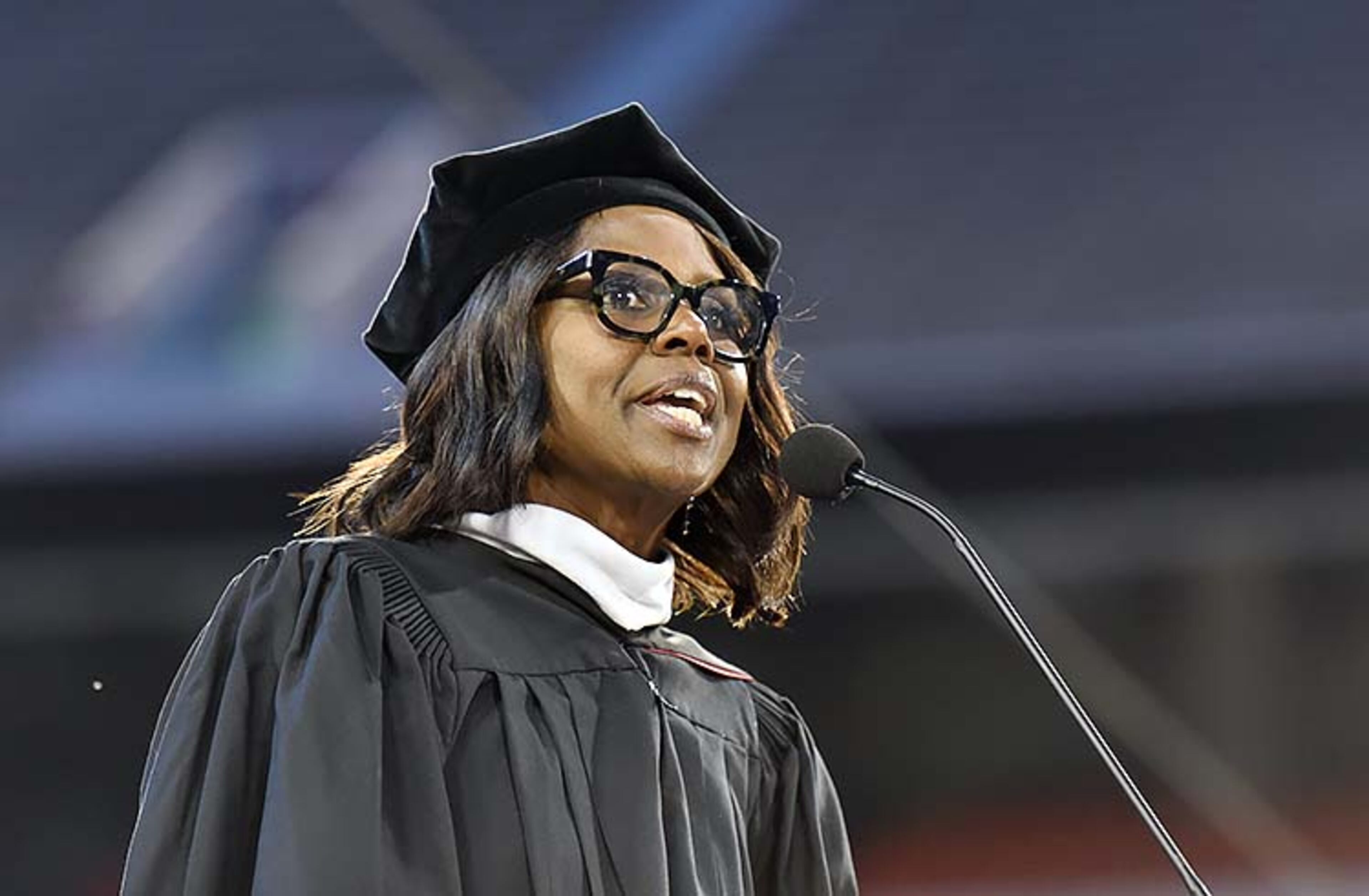 May 10, 2019 Athens - Deborah Ann Roberts, news correspondent, delivers the spring undergraduate Commencement address during UGA's 2019 spring undergraduate commencement ceremony at Sanford Stadium in Athens on Friday, May 10, 2019. HYOSUB SHIN / HSHIN@AJC.COM