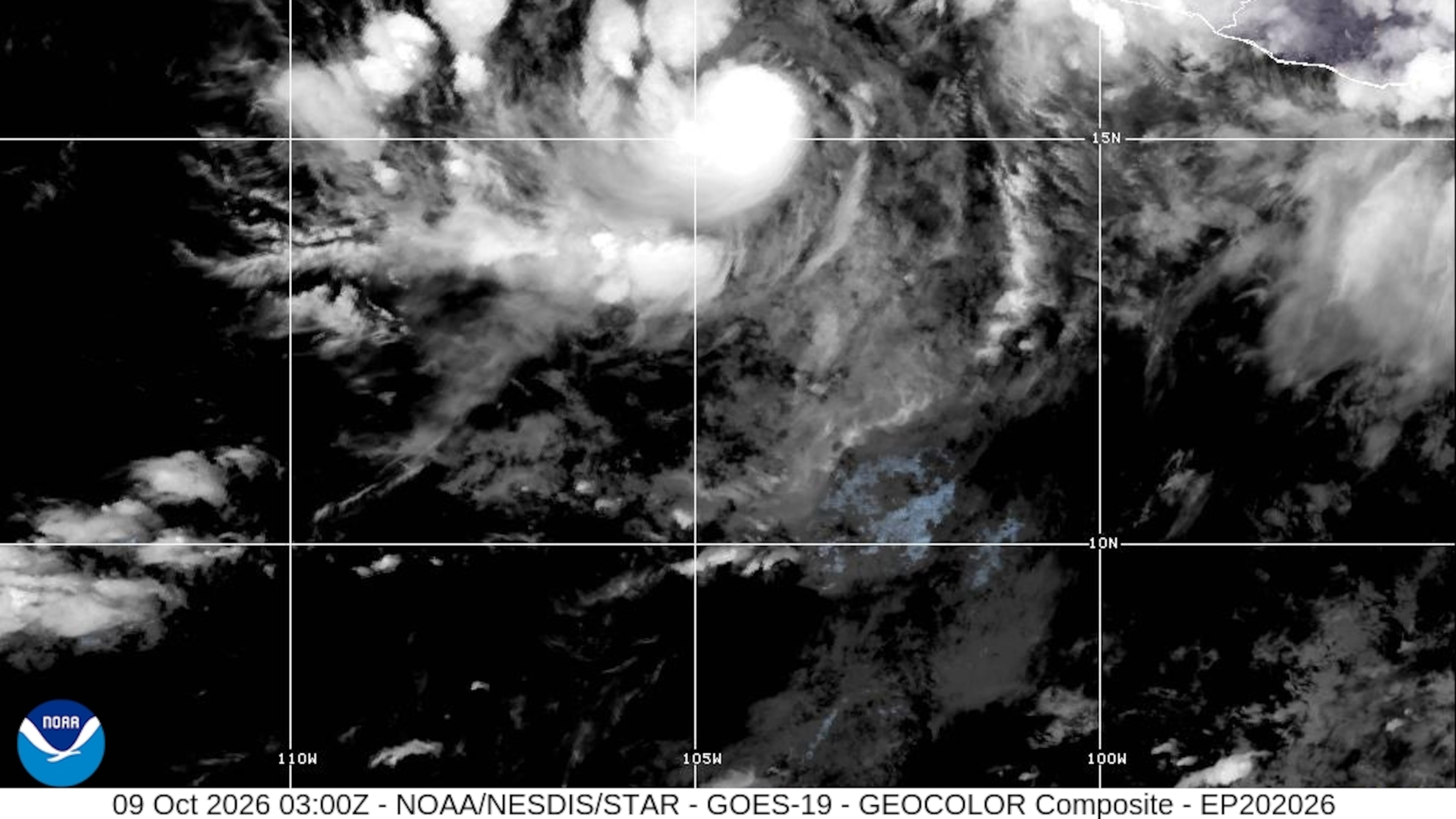 This satellite image provided by the National Oceanic and Atmospheric Administration, or NOAA shows Hurrican Simon in the Pacific on Friday, Oct. 9, 2026. (National Oceanic and Atmospheric Administration via AP)