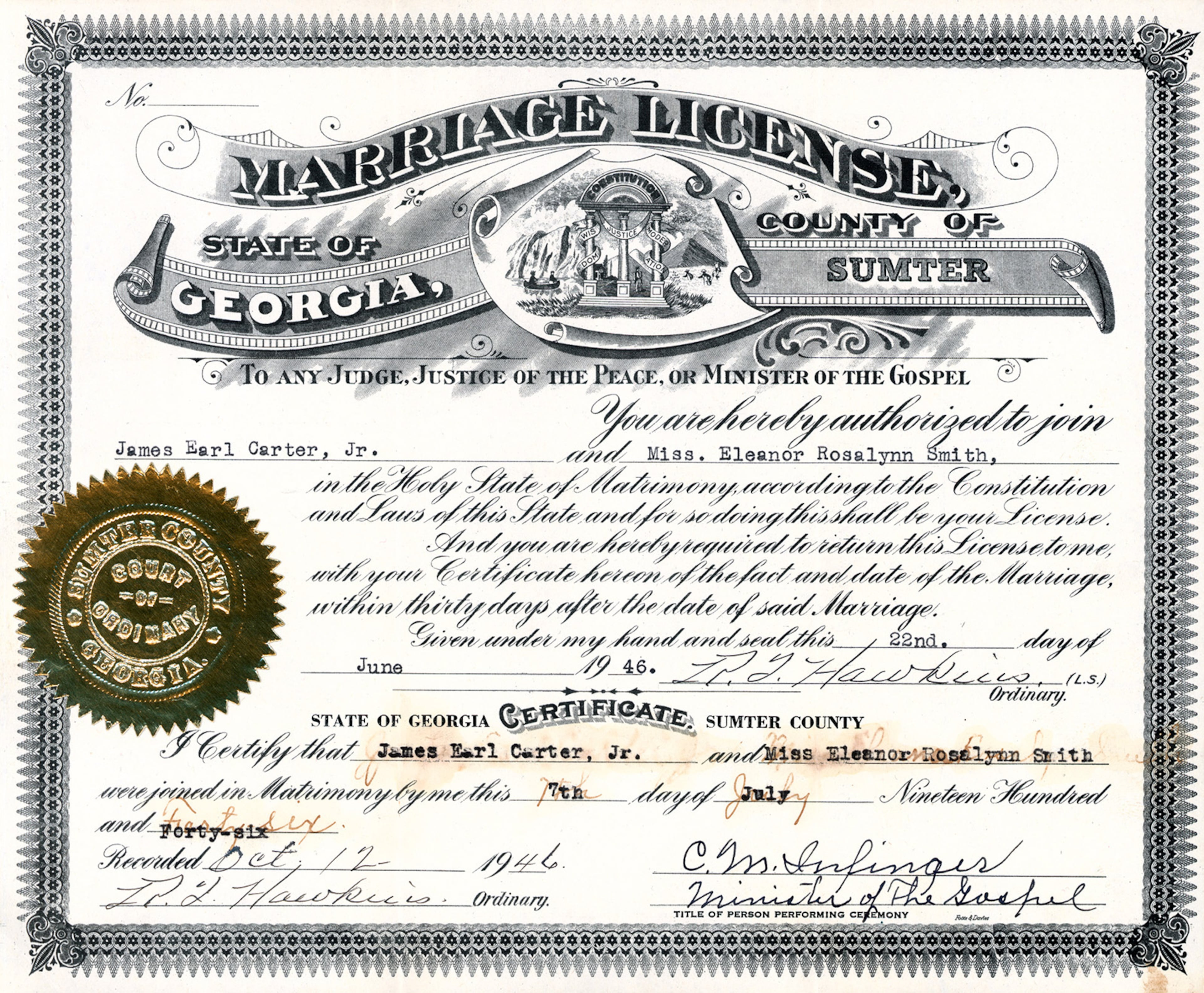 1946: The marriage license for Jimmy and Rosalynn Carter, filed July 7, 1946, in Sumter County, Georgia. (Jimmy Carter Library)