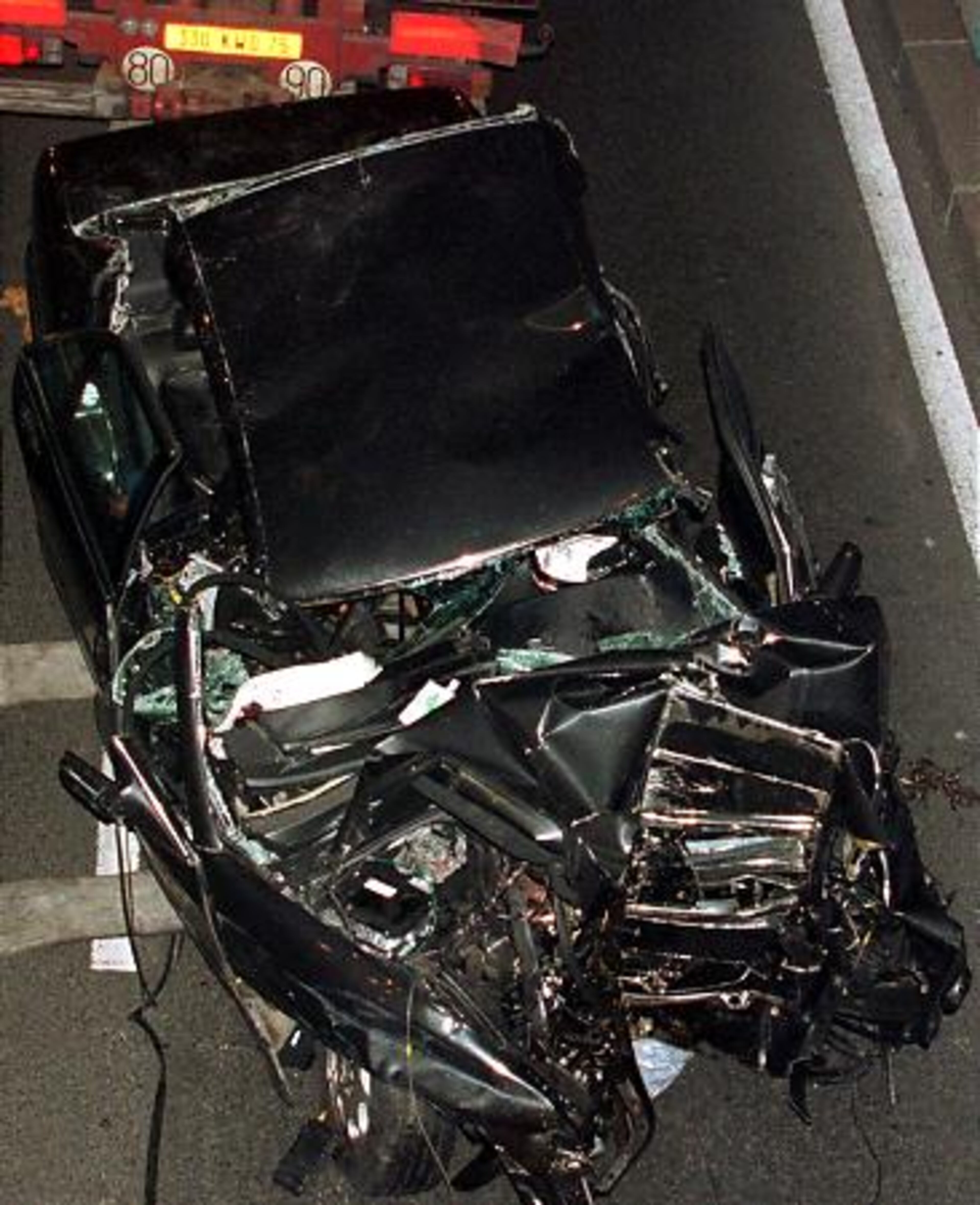 The car in which Princess Diana died, on Aug. 31, 1997. The car crash in Paris also killed her companion, Dodi Fayed, and the chauffeur. It happened shortly after midnight in a tunnel along the Seine River.