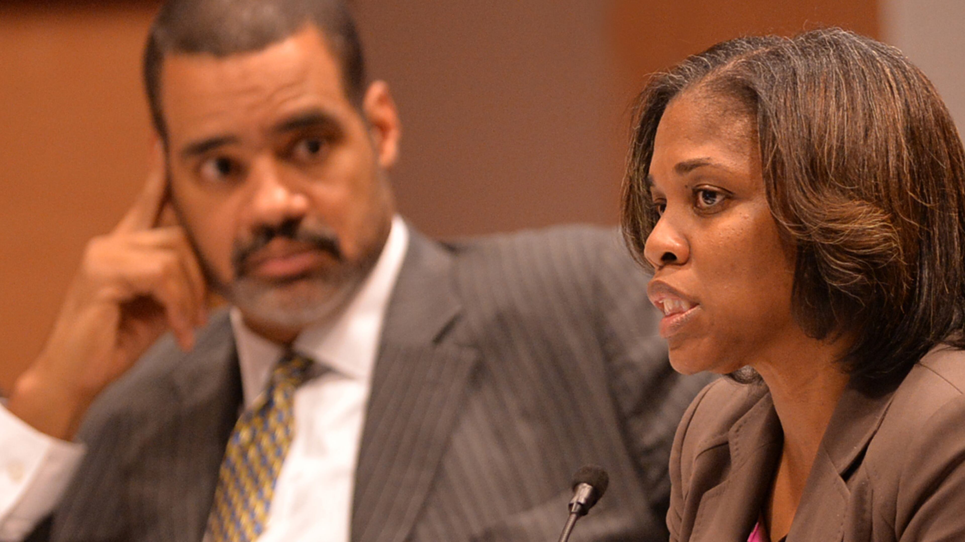 Atlanta School Board member LaChandra D. Butler Burks advocates adding graduation coaches as Chairman Reuben R. McDaniel III listens during the Atlanta Public Schools Board of Education budget meeting on Tuesday, June 5, 2013.