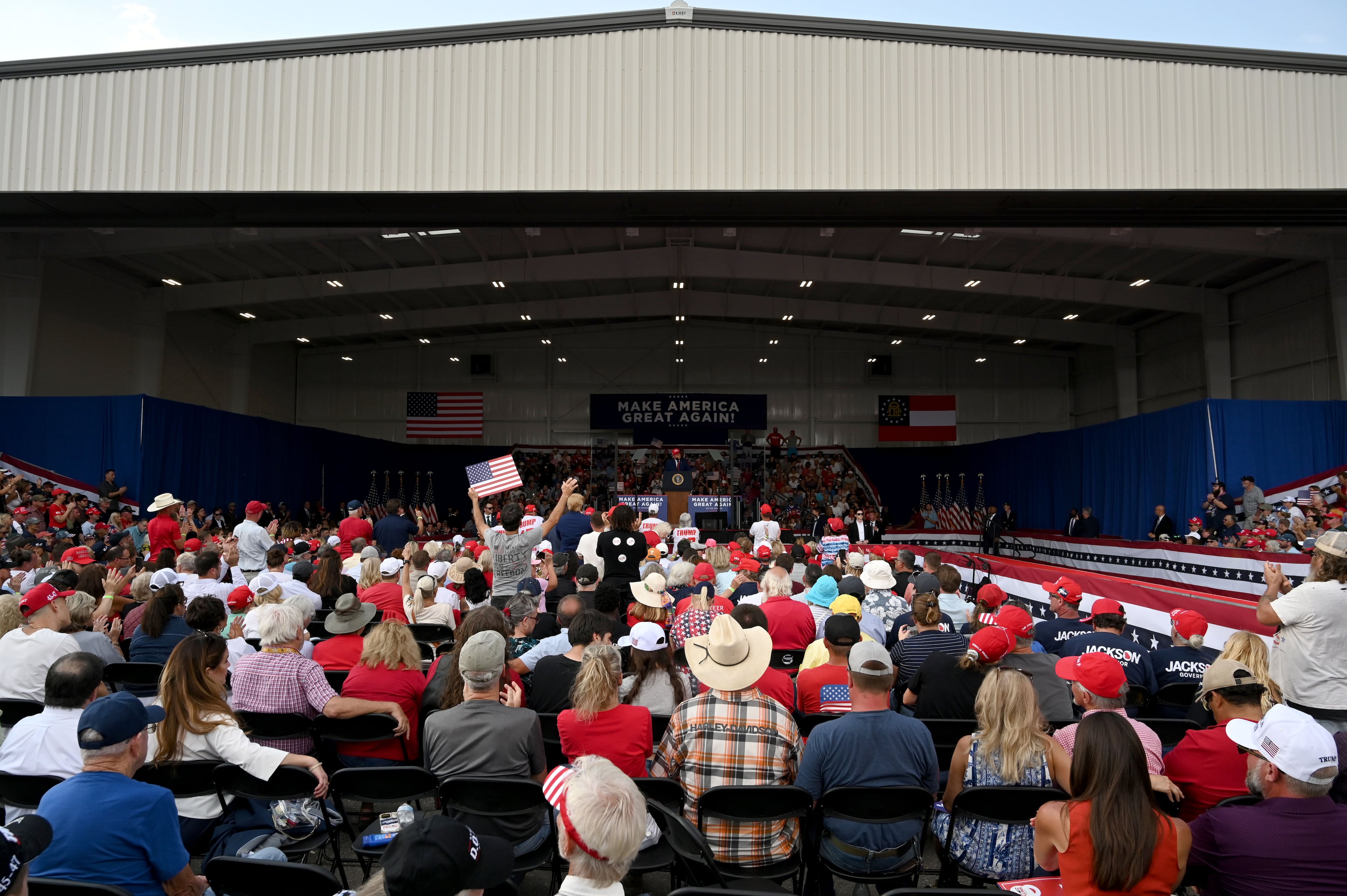President Donald Trump speaks during a campaign rally at Dalton Municipal Airport on Friday, Oct. 16, 2026, in Dalton. (Hyosub Shin/AJC)