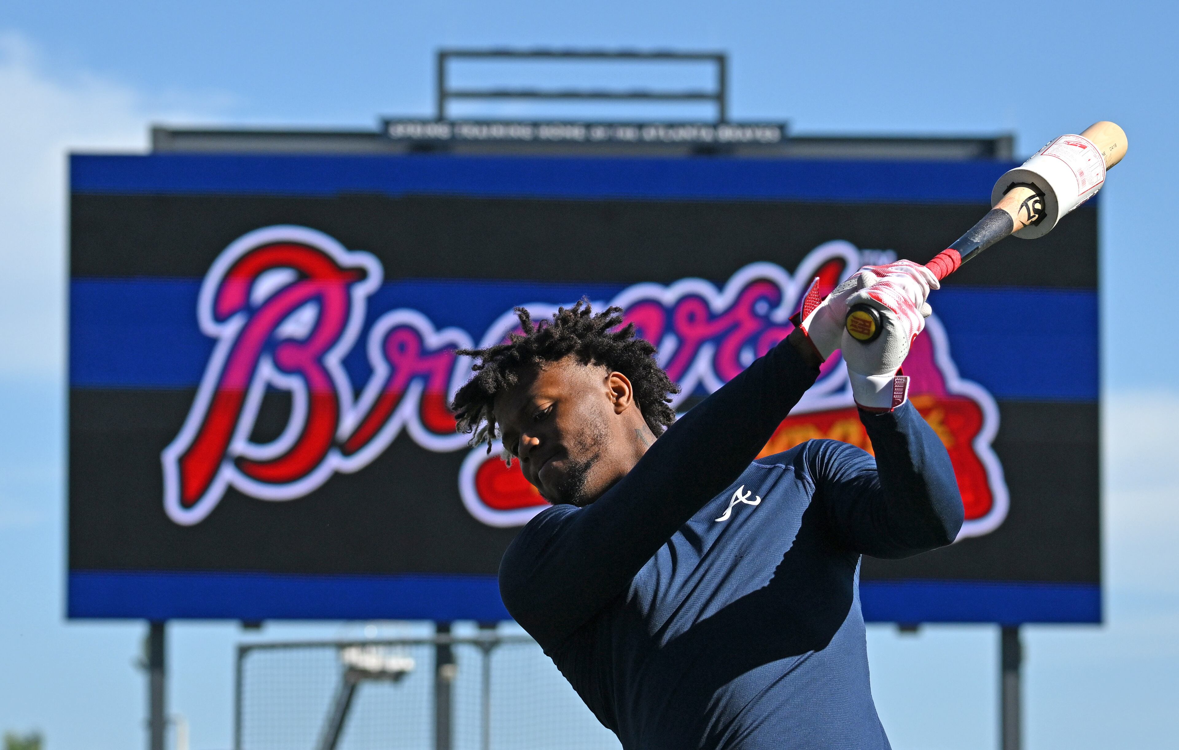 Braves right fielder Ronald Acuna takes practice swings as he waits his turn for batting practice during spring training Thursday at CoolToday Park in North Port, Florida. (Hyosub Shin / Hyosub.Shin@ajc.com)