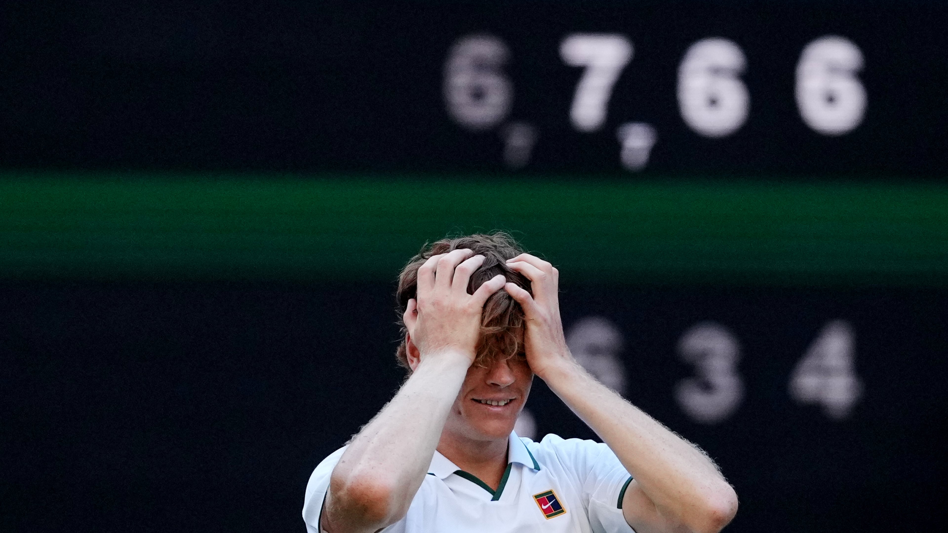 FILE - Jannik Sinner of Italy reacts after winning against Alexander Zverev of Germany in the men's singles final at Wimbledon Tennis Championships in London, Sunday, July 12, 2026. (AP Photo/Kirsty Wigglesworth, File)