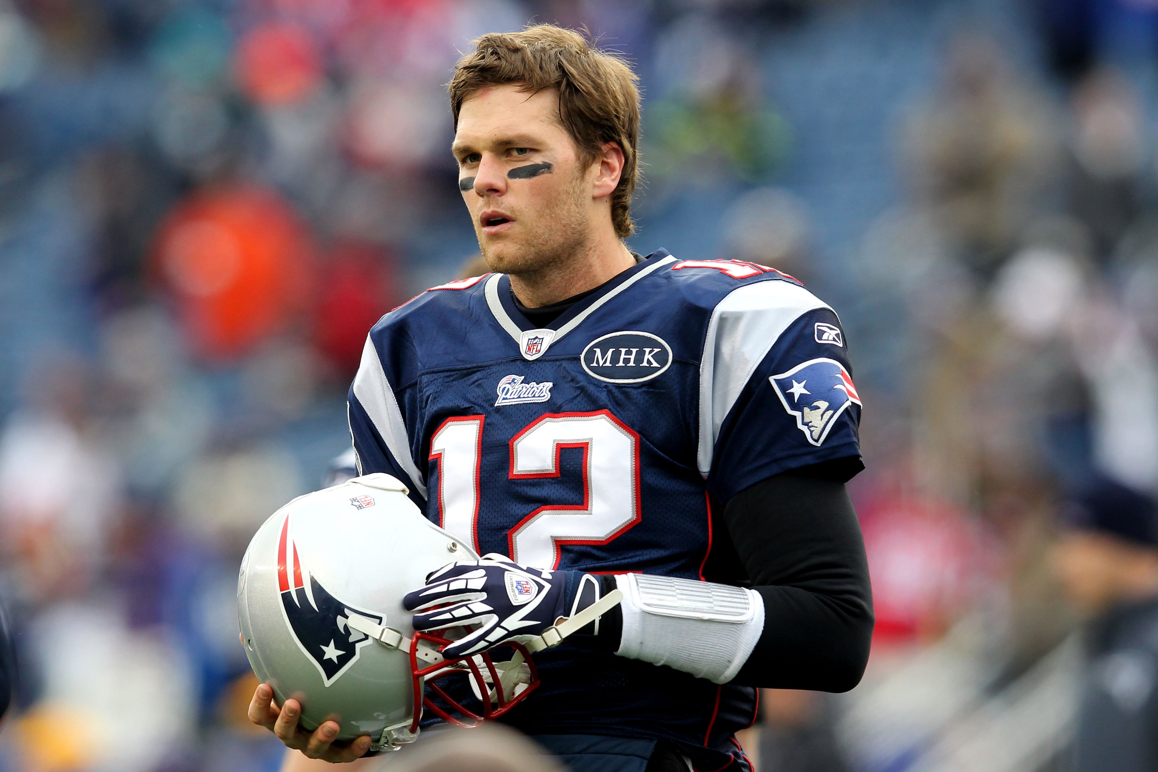 Tom Brady of the New England Patriots looks on against the Baltimore Ravens during their AFC Championship Game at Gillette Stadium on Jan. 22, 2012, in Foxboro, Mass.
