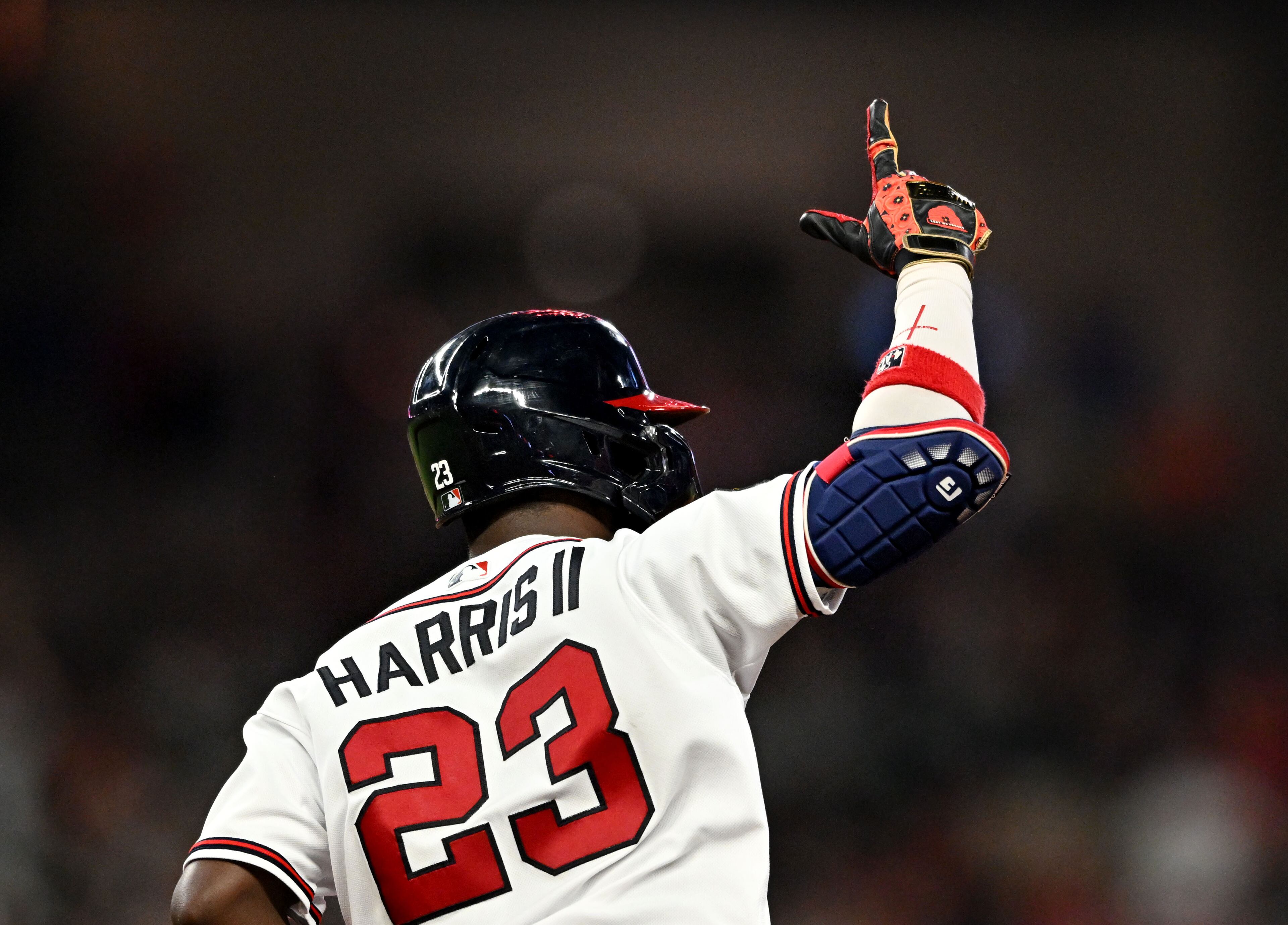 Atlanta Braves' center fielder Michael Harris II (23) celebrates after hitting a solo home run during the sixth inning at Truist Park, Thursday, September 7, 2023, in Atlanta. Atlanta Braves won 8-5 over St. Louis Cardinals. (Hyosub Shin / Hyosub.Shin@ajc.com)
