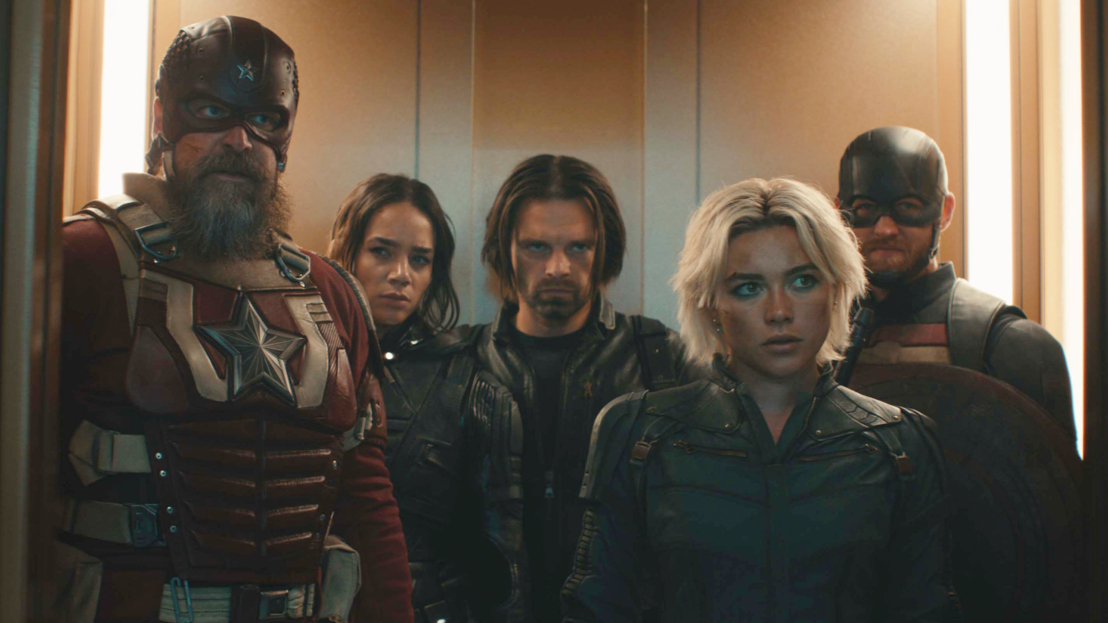 David Harbour (from left), Hannah John-Kamen, Sebastian Stan, Florence Pugh and Wyatt Russell star in "Thunderbolts," which many critics are saying is the best Marvel film in years. (Disney-Marvel Studios via AP)