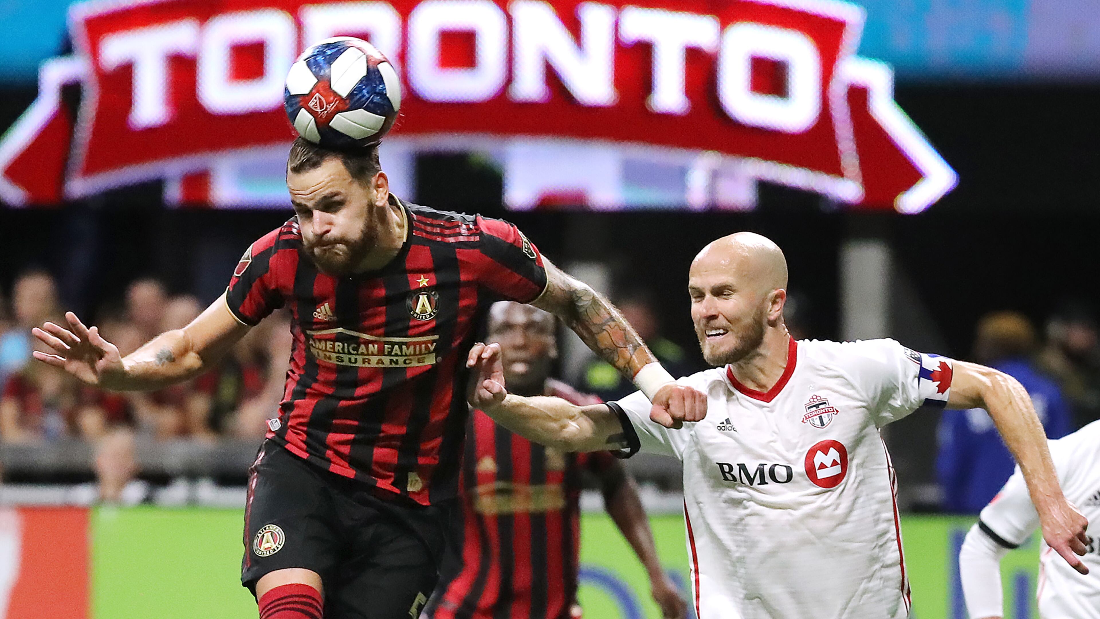 October 30, 2019 Atlanta: Atlanta United defender Leandro Gonzalez Pirez gets a header against Toronto FC midfielder Michael Bradley in the Eastern Conference Final on Wednesday, October 30, 2019, in Atlanta. Curtis Compton/ccompton@ajc.com