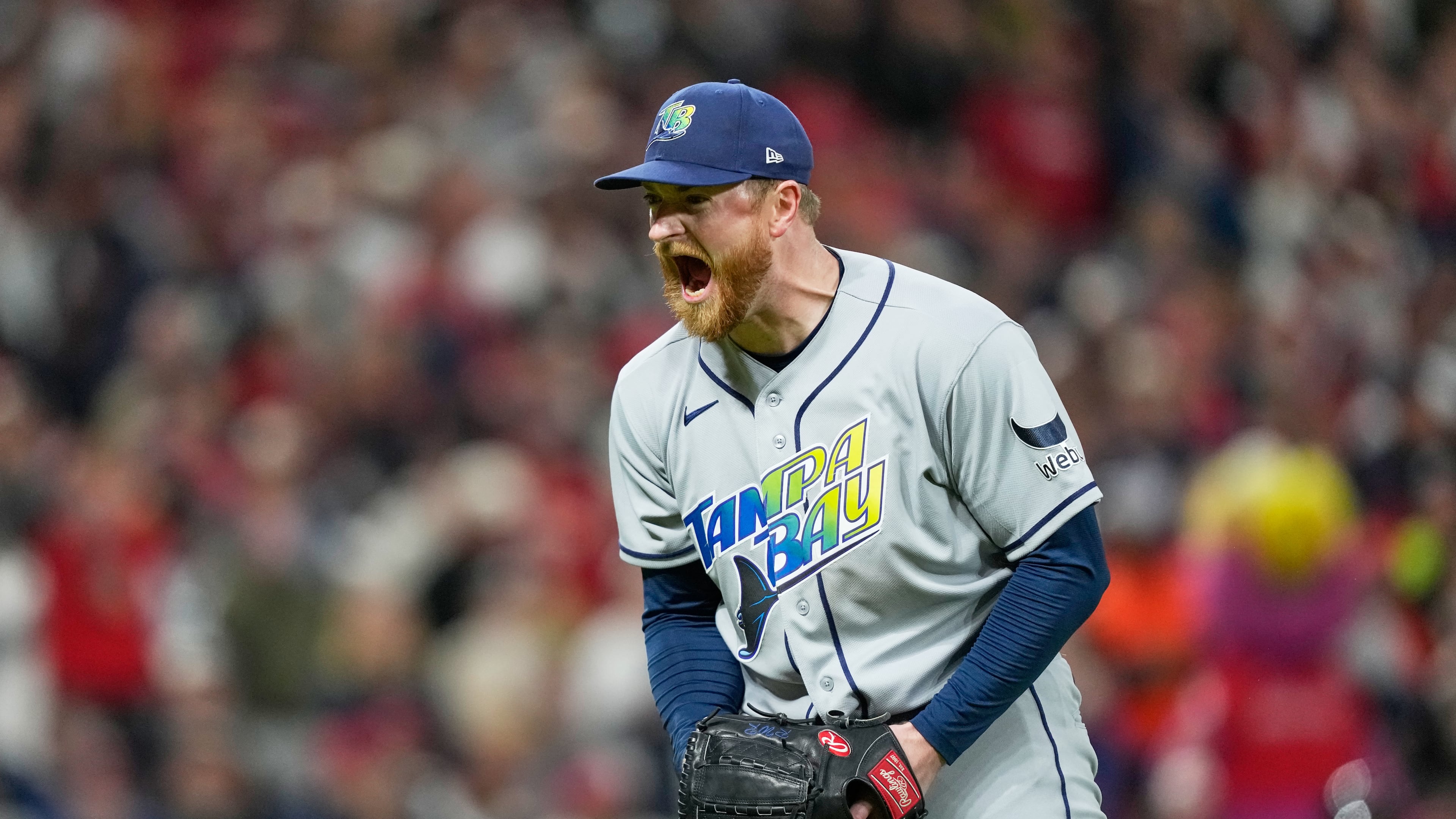Tampa Bay Rays pitcher Drew Rasmussen celebrates the end of the seventh inning against the Cleveland Guardians in Game 5 of an American League Championship Series baseball game in Cleveland, Sunday, Oct. 18, 2026. (AP Photo/David J. Phillip)