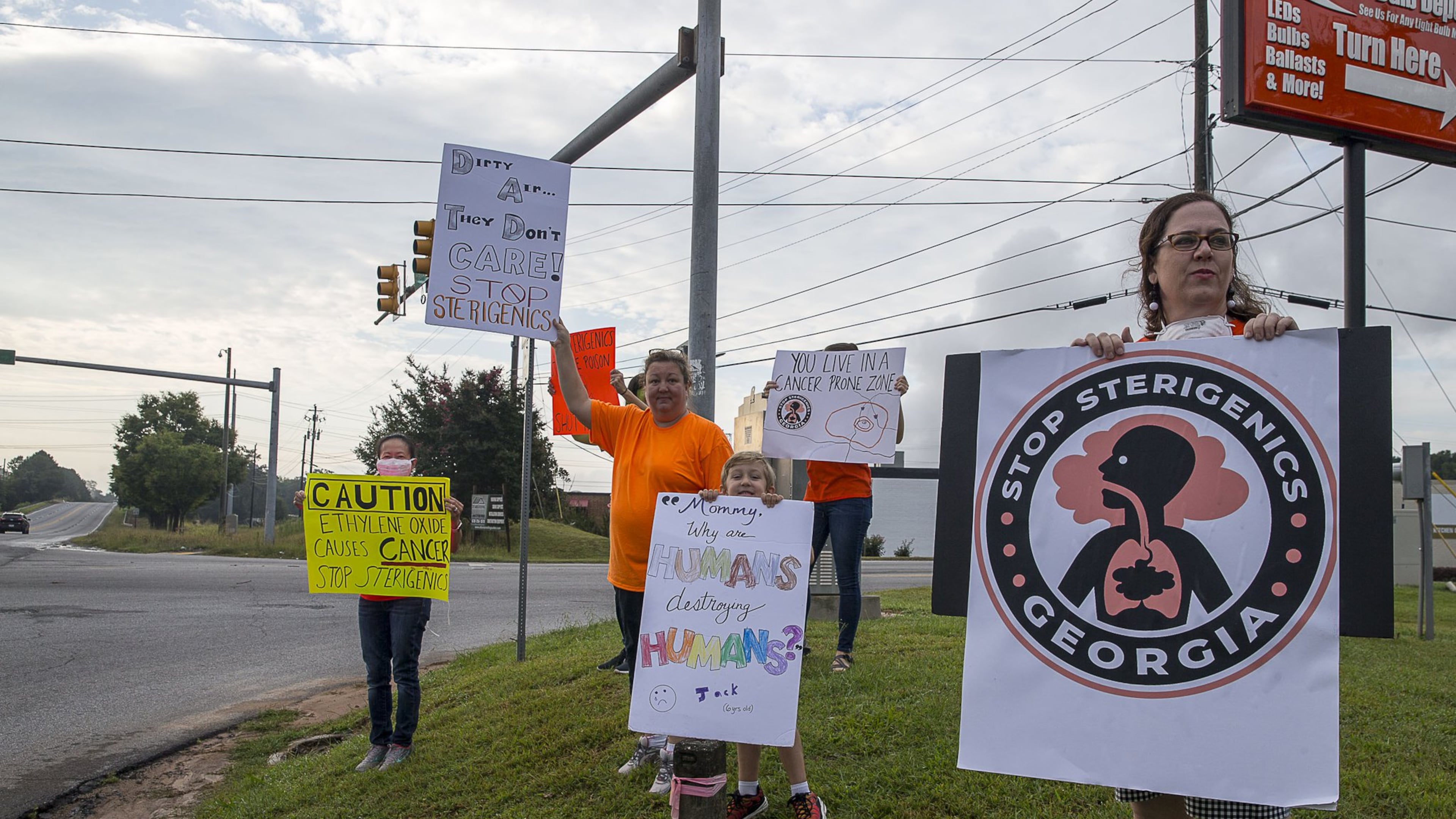 Supporters of the Stop Sterigenics Georgia organization protest near the site of the Sterigenics plant in Smyrna. Stop Sterigenics Georgia is an organization that is concerned about emissions of ethylene oxide coming from the Cobb County plant. A recent air sample taken in DeKalb County, more than 20 miles away from the Sterigenics plant, found a level of ethylene oxide 15 times higher than federal regulators deem acceptable. (Alyssa Pointer/alyssa.pointer@ajc.com)