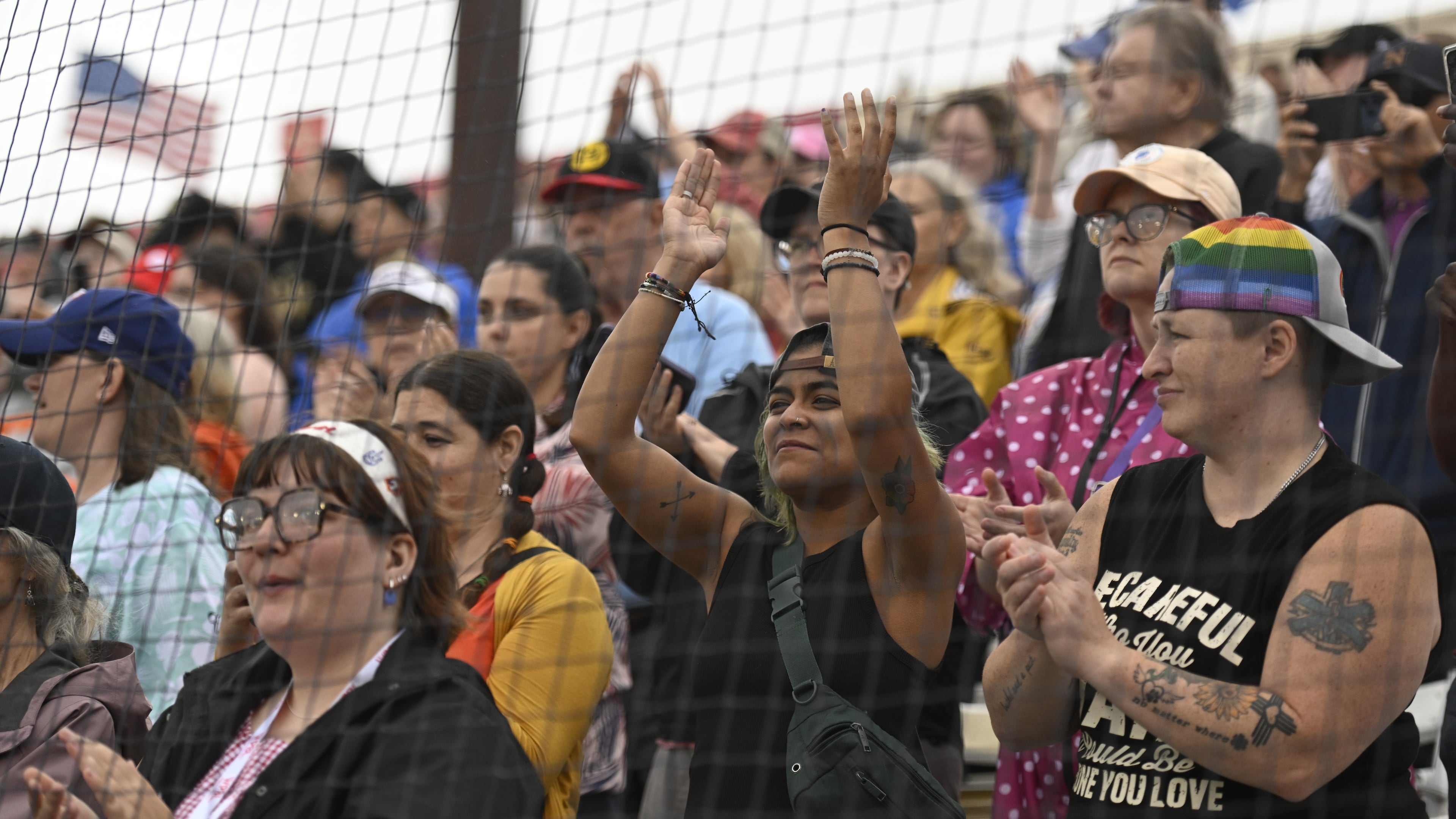 Fans cheer before the inaugural Women's Professional Baseball League game between the Los Angeles Queens and the New York Heights, Saturday, Aug. 1, 2026, in Springfield, Ill. (AP Photo/Lexie Knight)