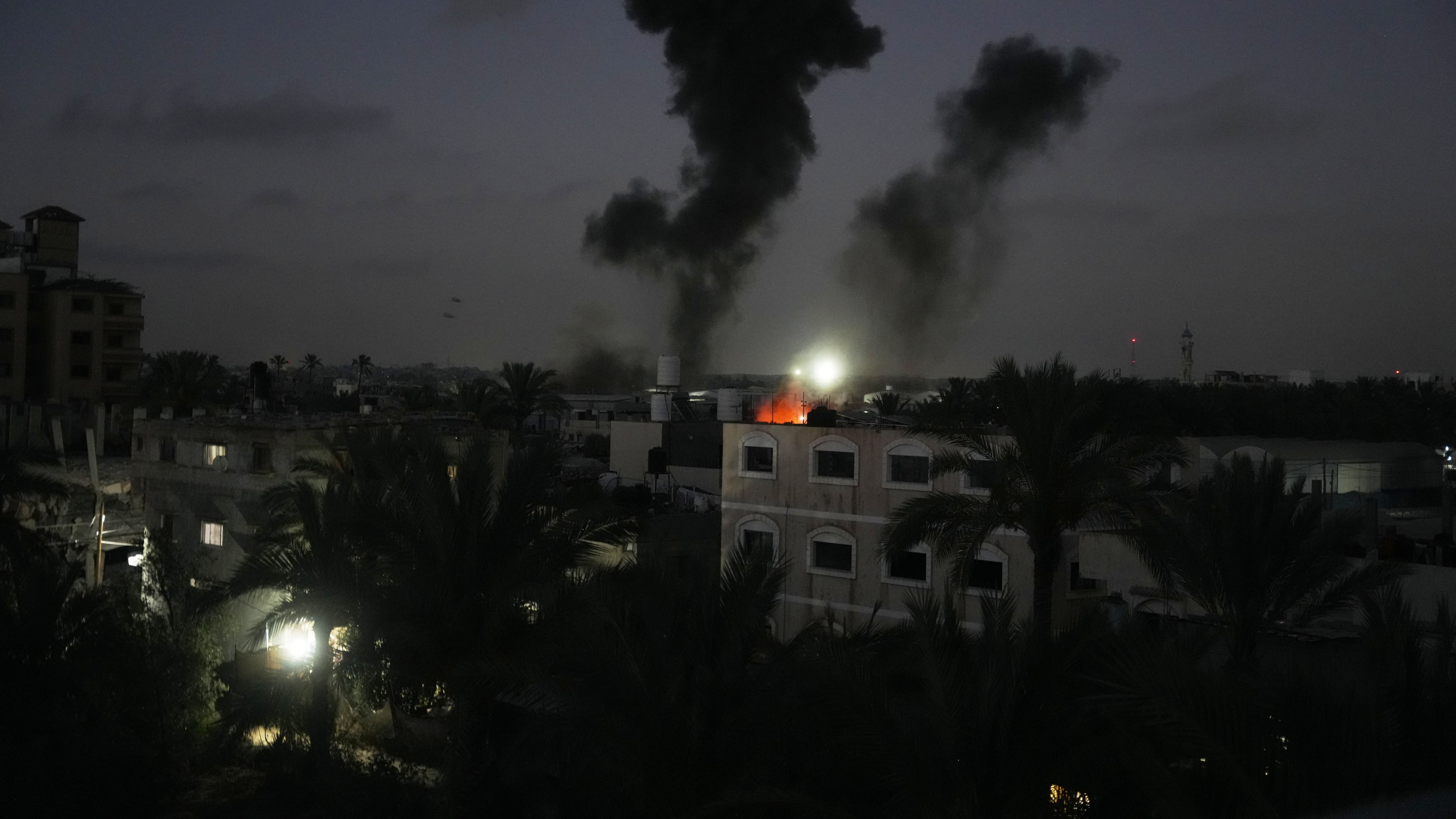Smoke rises from an Israeli airstrike in Deir al-Balah, central Gaza Strip, Saturday, June 27, 2026. (AP Photo/Abdel Kareem Hana)