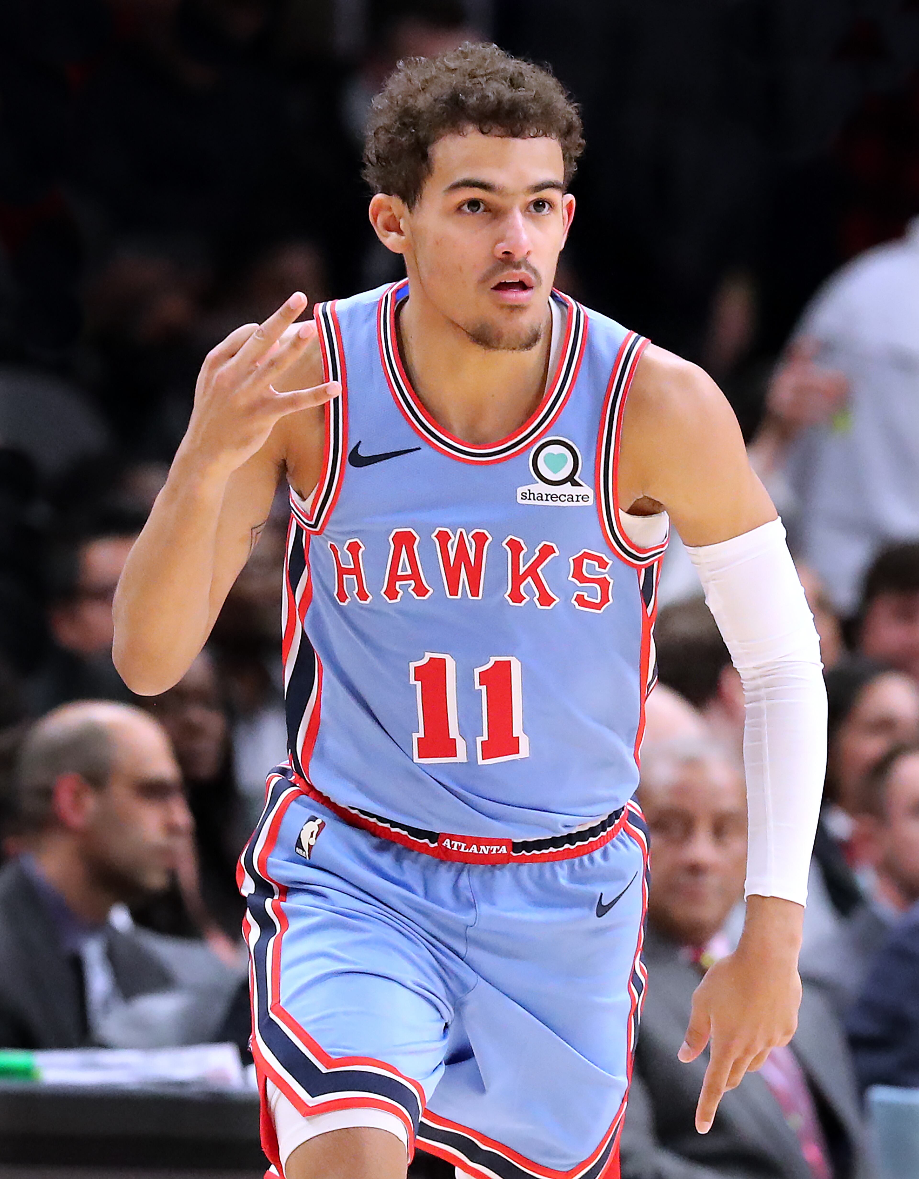 Jan. 15, 2019 Atlanta: Atlanta Hawks guard Trae Young reacts to hitting a three-pointer against the Oklahoma City Thunder on the way to a 142-126 victory in a NBA basketball game on Tuesday, Jan. 15, 2019, at State Farm Arena in Atlanta. Curtis Compton/ccompton@ajc.com