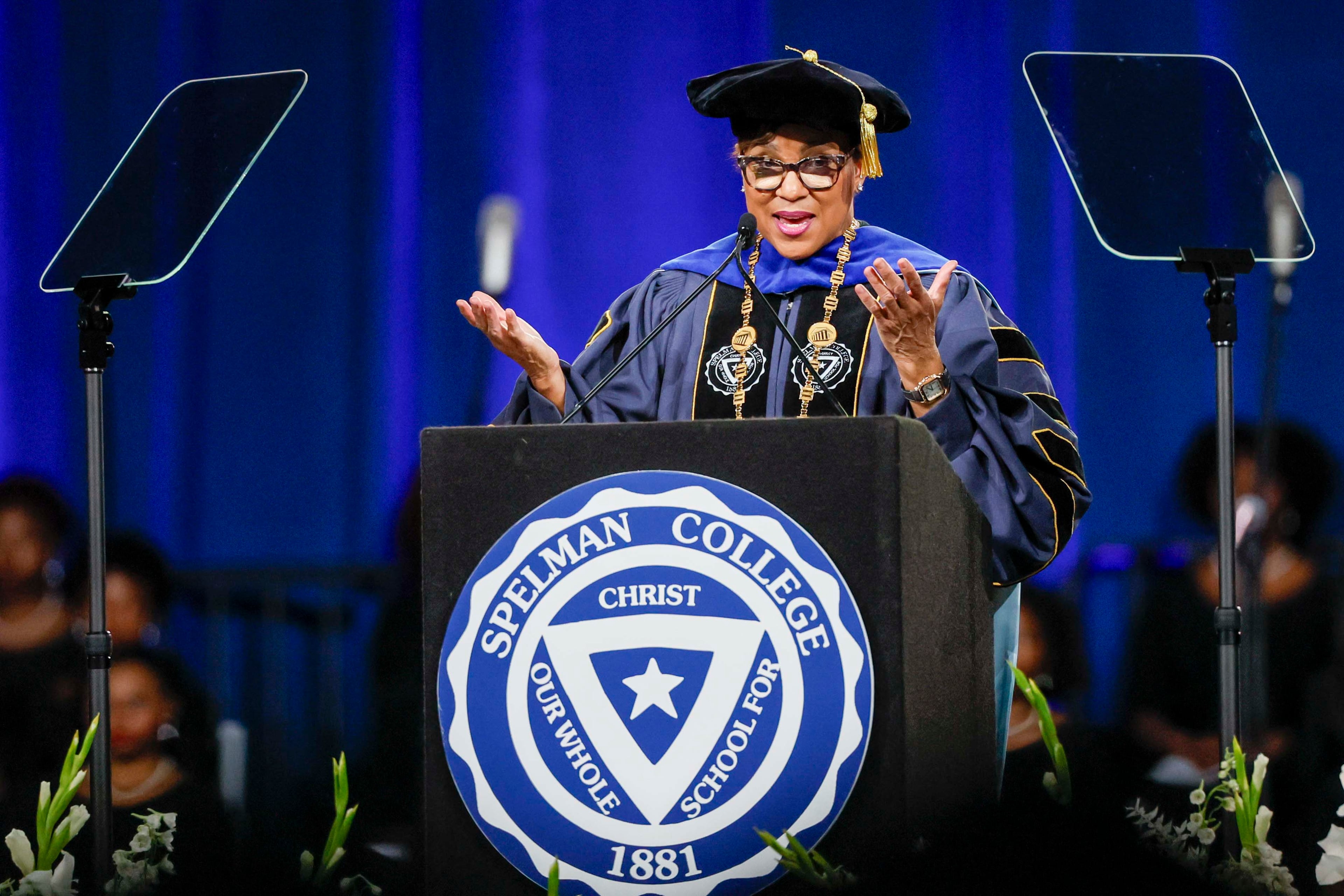 Spelman College President Rosalind “Roz” Brewer speaks during the college’s graduation ceremony at the Georgia International Convention Center in College Park on Sunday, May 17, 2026. (Miguel Martinez/AJC)