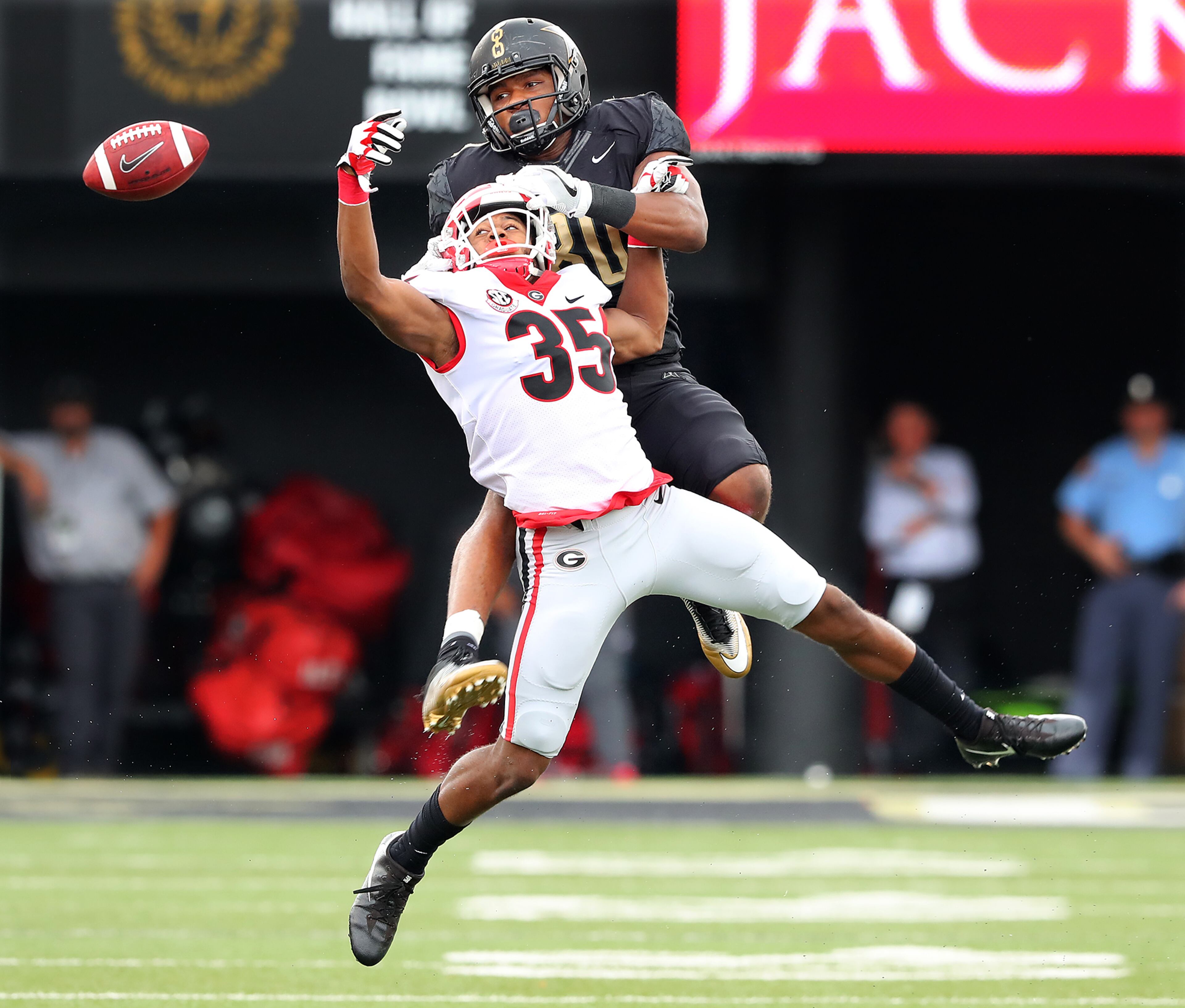 October 7, 2017 Nashville: Georgia cornerback Aaron Davis breaks up a pass to Vanderbilt tight end Jared Pinkney during the first half in a NCAA college football game on Saturday, October 7, 2017, in Nashville. Curtis Compton/ccompton@ajc.com