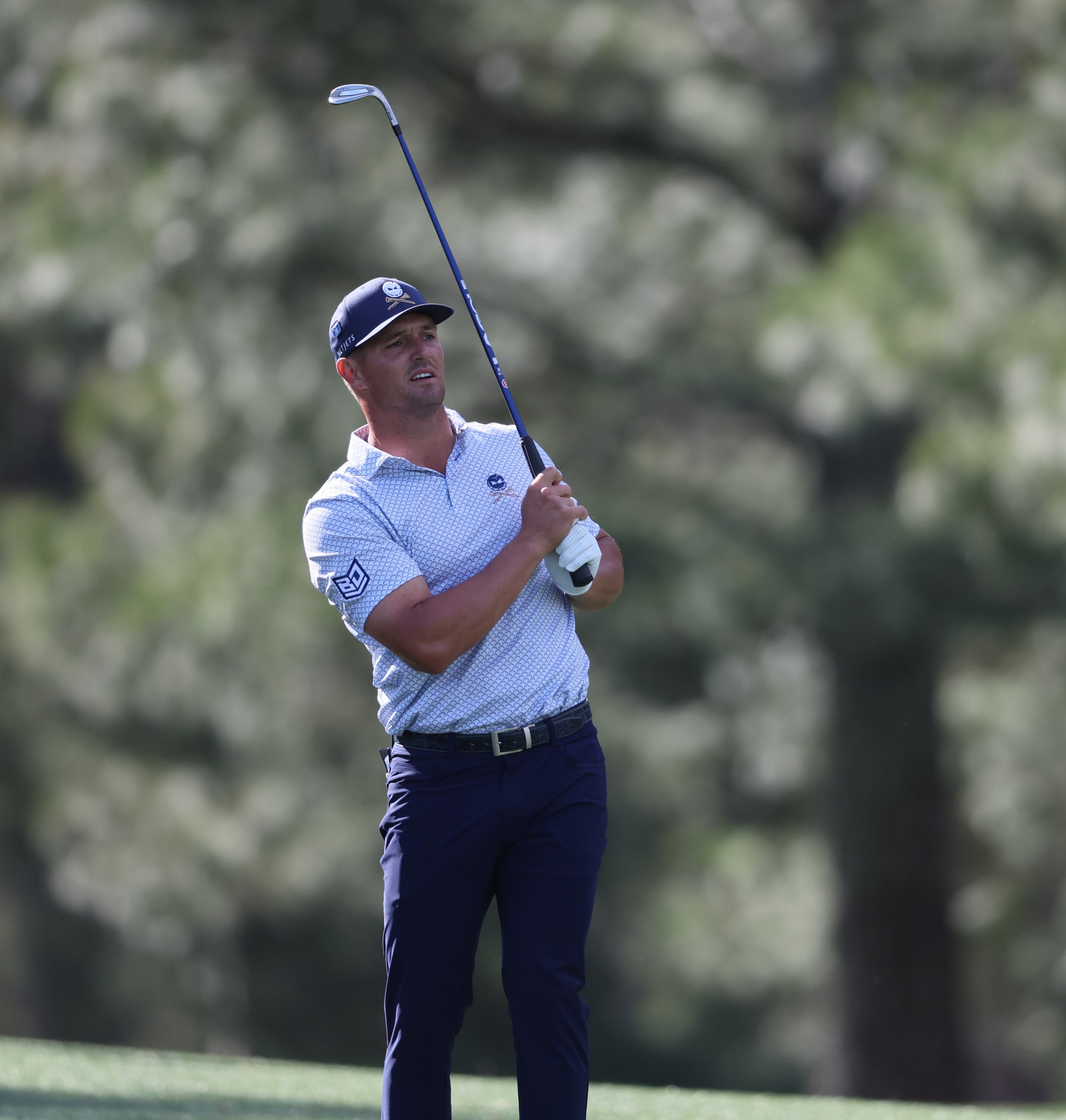Bryson DeChambeau hits second shot on 17th hole during second round of the 2024 Masters Tournament at Augusta National Golf Club, Friday, April 12, 2024, in Augusta, Ga. Jason Getz / Jason.Getz@ajc.com)