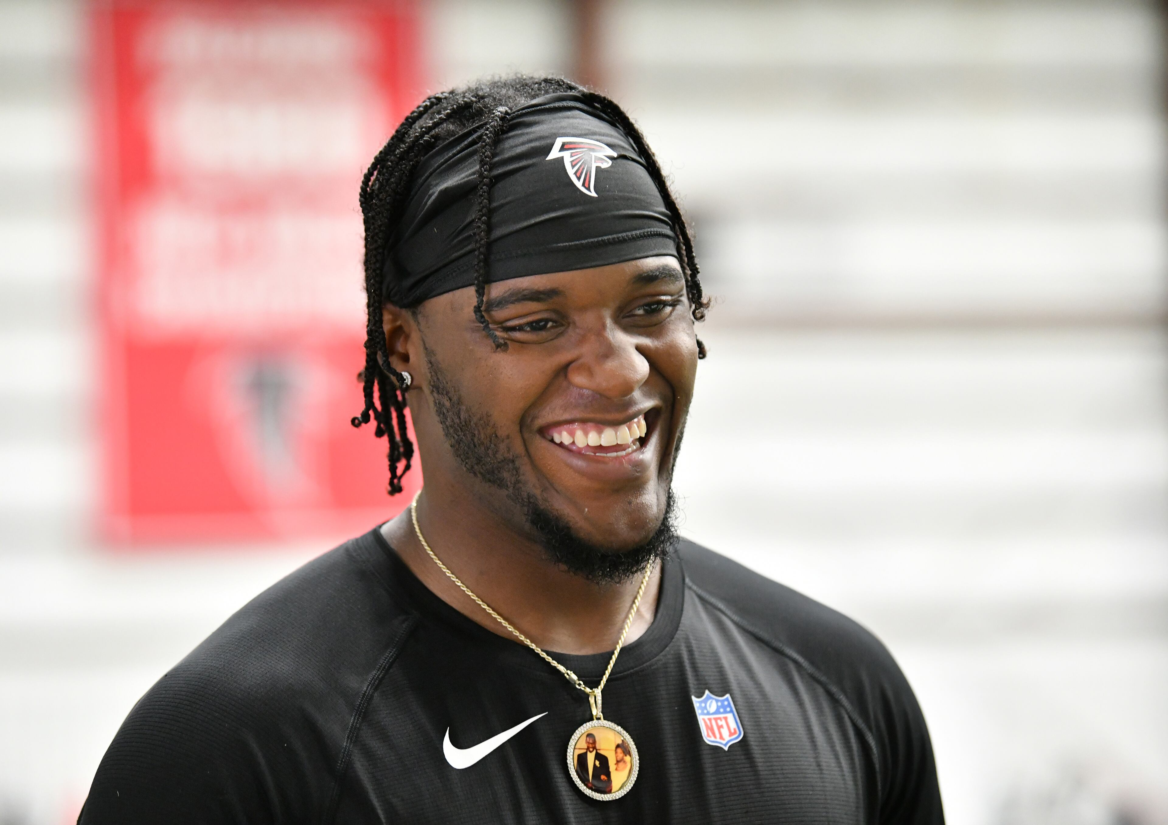 Atlanta Falcons Safety DeMarcco Hellams smiles as he answers questions from members of the press after rookie minicamp at Atlanta Falcons Training Facility, Friday, May 12, 2023, in Flowery Branch. (Hyosub Shin / Hyosub.Shin@ajc.com)