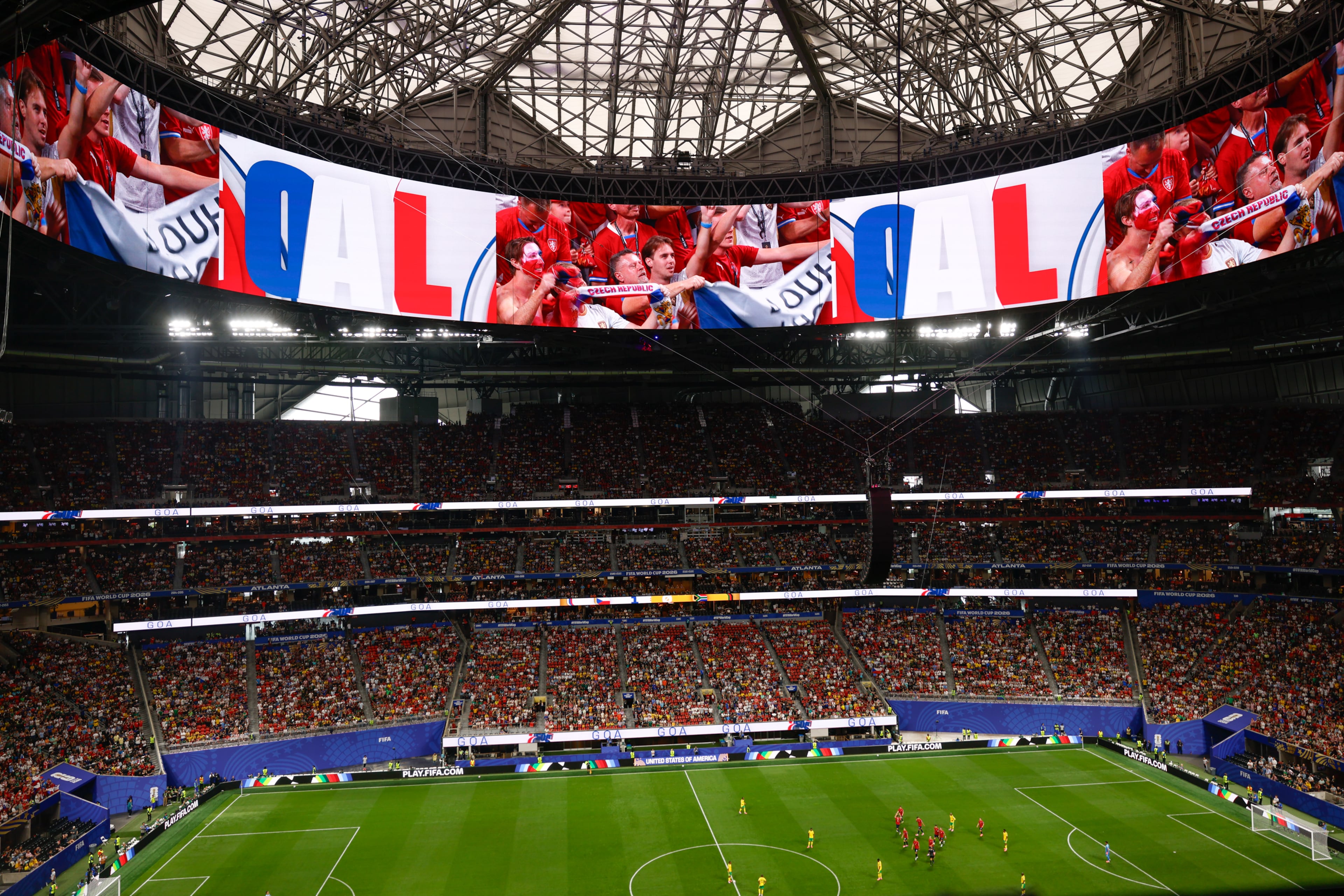 The stadium banner reads “GOAL” after Czechia scores in the first half of the Czechia vs. South Africa game at the World Cup at Atlanta Stadium on Thursday, June 18, 2026. (Arvin Temkar/AJC)