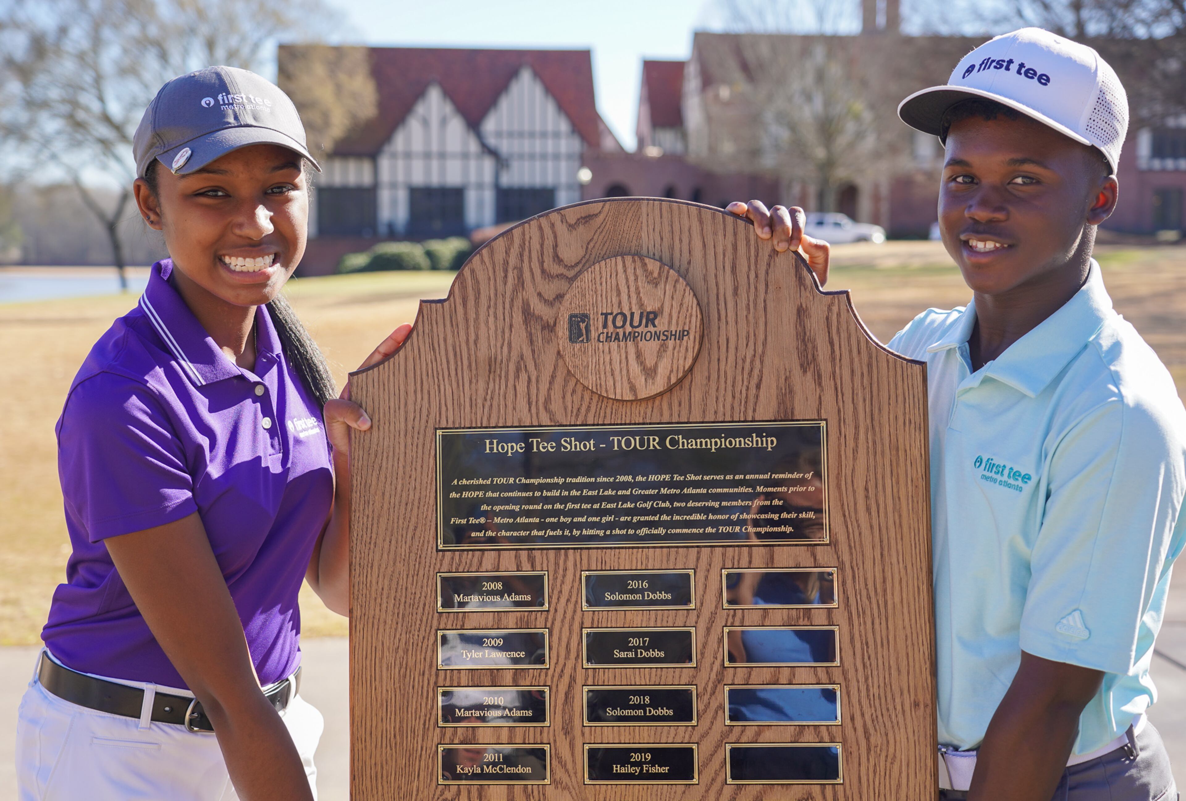 Tatum Thompson (left) and Marcus Leonard, were the first recipients of the HOPE Shot Scholarship. They hit the first shots to open the 2021 Tour Championship.