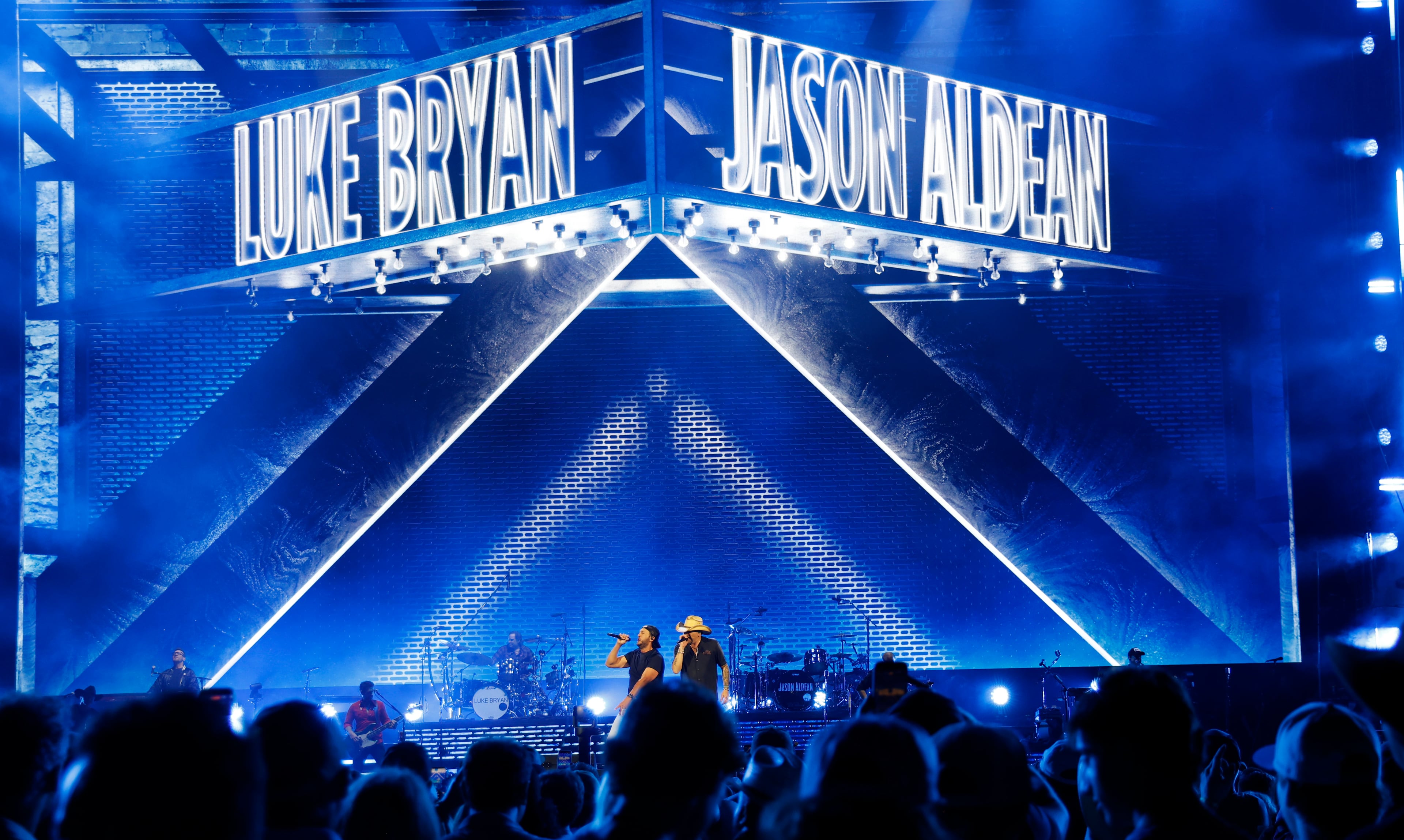 Georgia natives Jason Aldean and Luke Bryan perform together for the first "Live Between the Hedges Concert Presented by PruittHealth" at Sanford Stadium, home of the University of Georgia football team, Saturday, April 25, 2026, in Athens. (Akili-Casundria Ramsess/EyeAkili Media)
