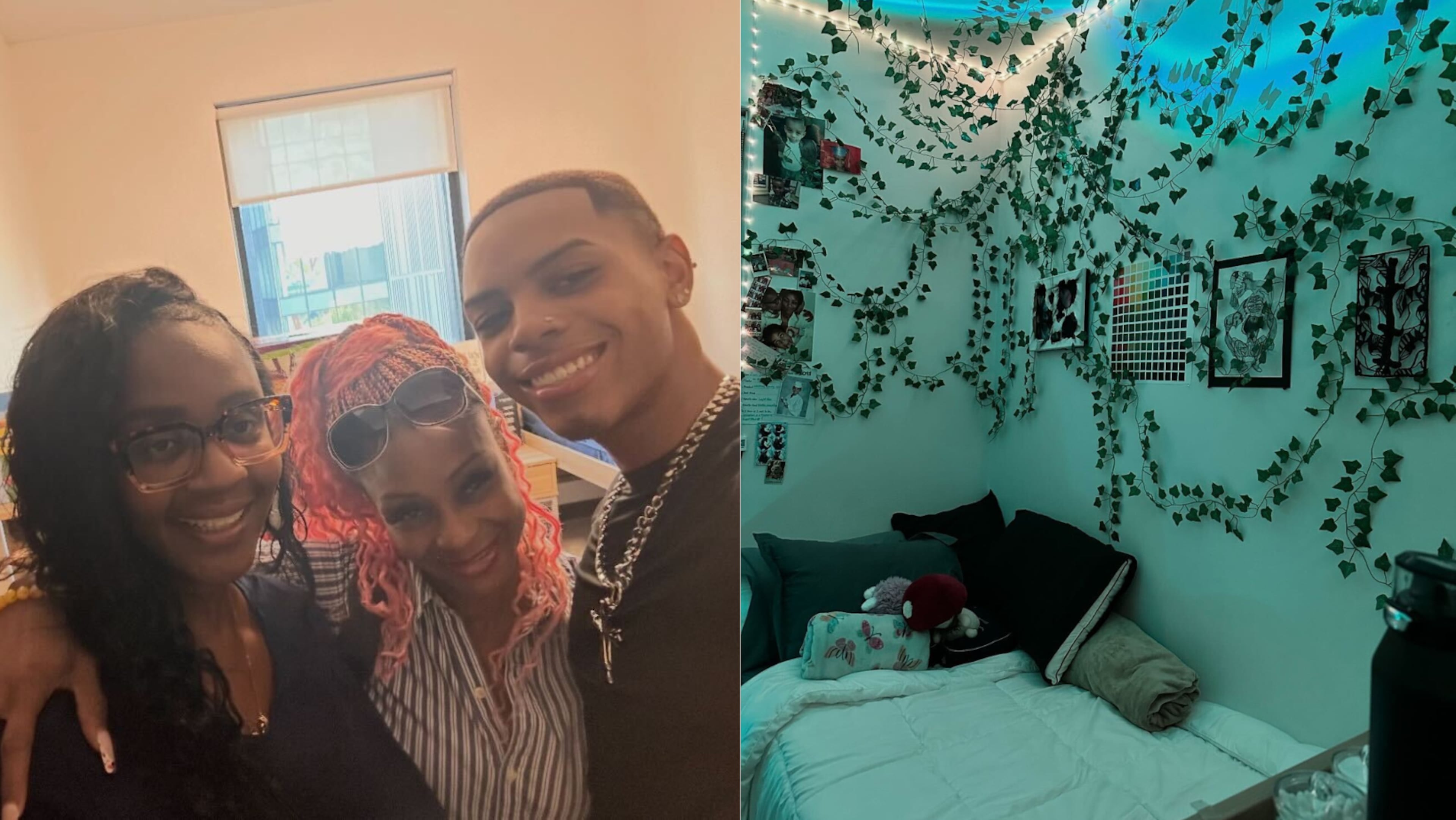 Zion Lopez (right) decorated his room with fake vines and artwork. When he moved in, his mother (middle) and aunt came to tour his space. Lopez is considering keeping his artwork off campus moving forward. (Courtesy of Zion Lopez)