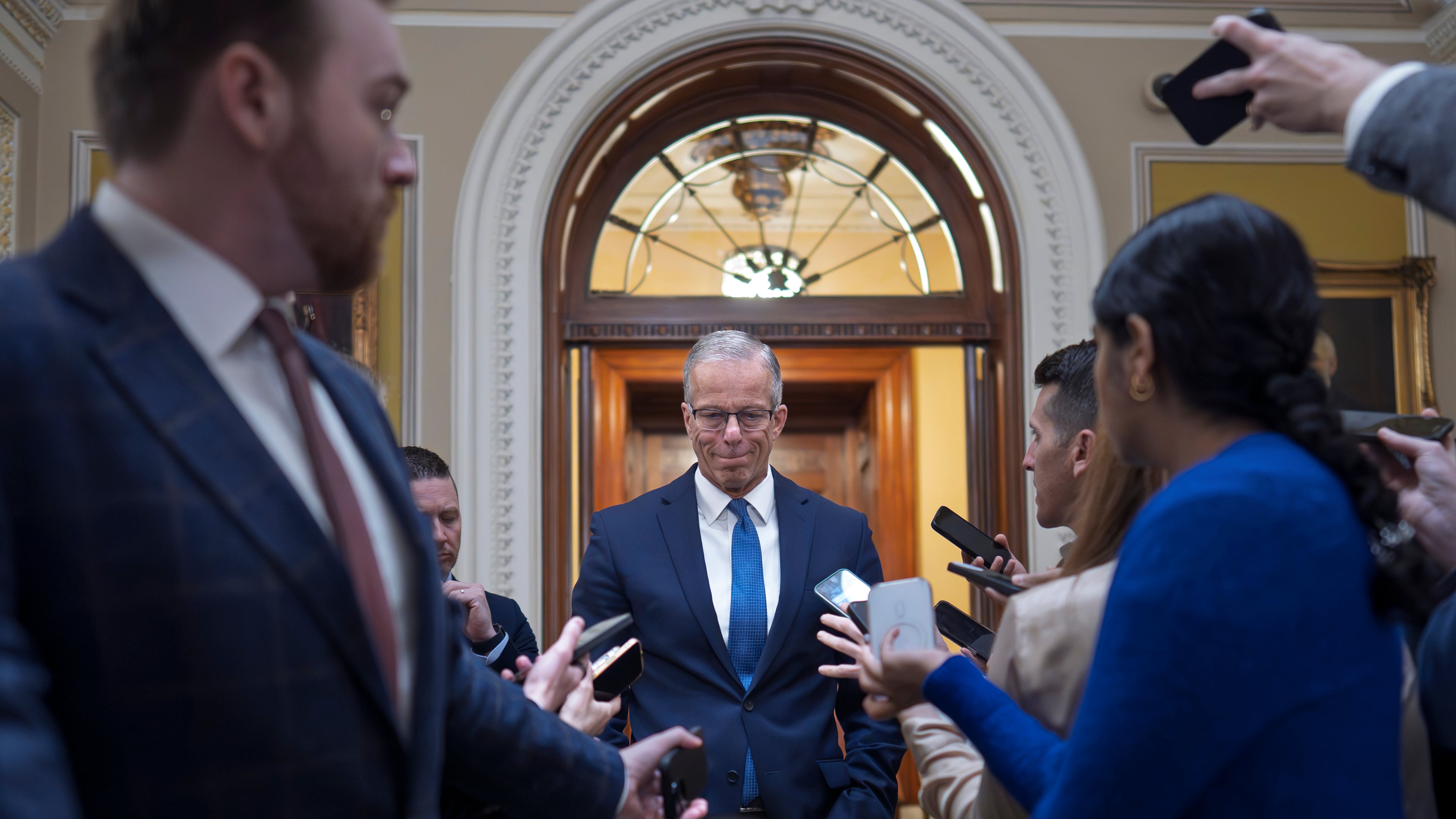 Senate Majority Leader John Thune, R-S.D., speaks to reporters outside the chamber at the Capitol in Washington, Thursday, April 2, 2026. (AP Photo/J. Scott Applewhite)