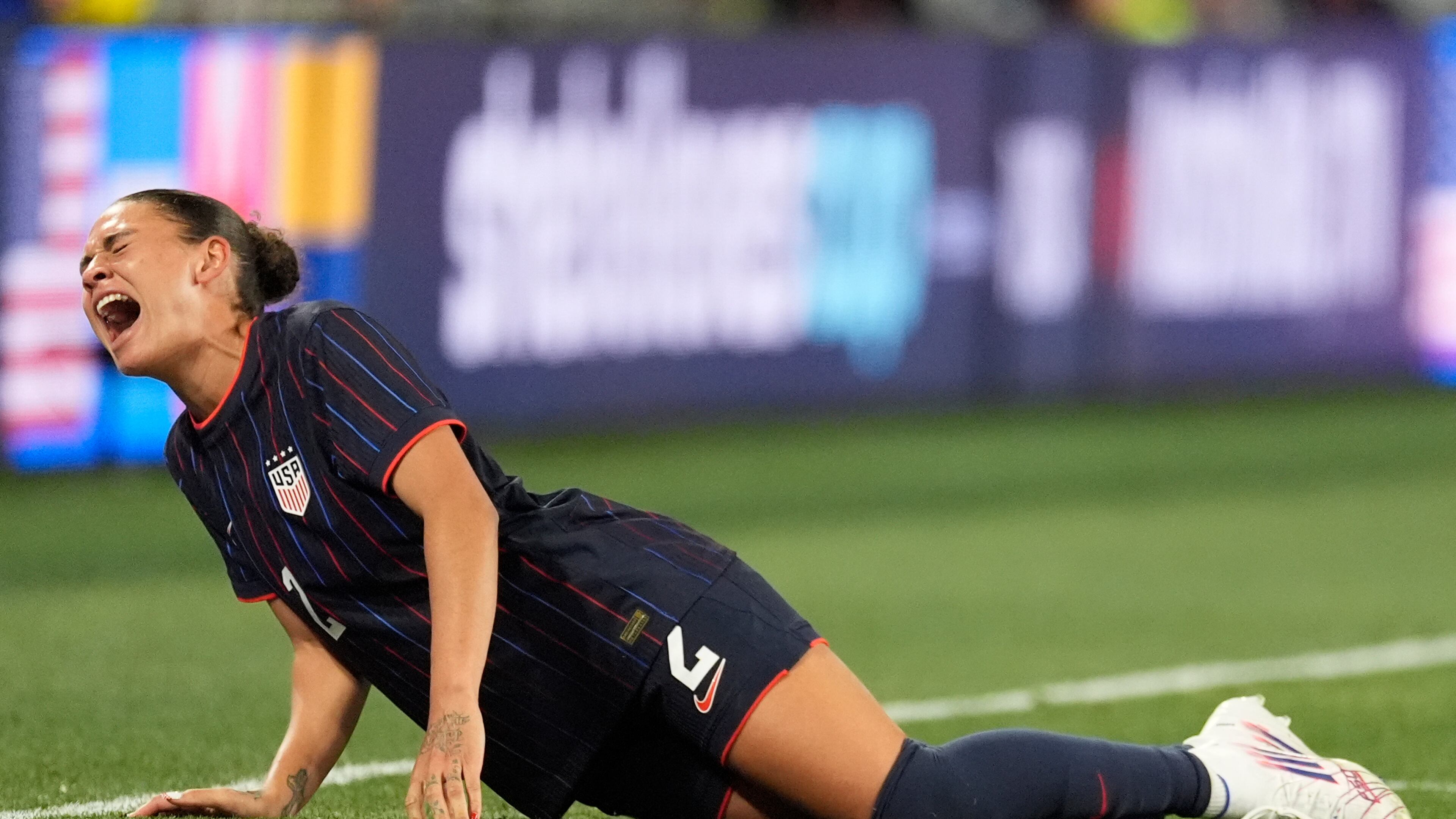 United States forward Trinity Rodman (2) reacts to an injury during the second half of a SheBelieves Cup women's soccer tournament match against Argentina, Sunday, March 1, 2026, in Nashville, Tenn. (AP Photo/George Walker IV)