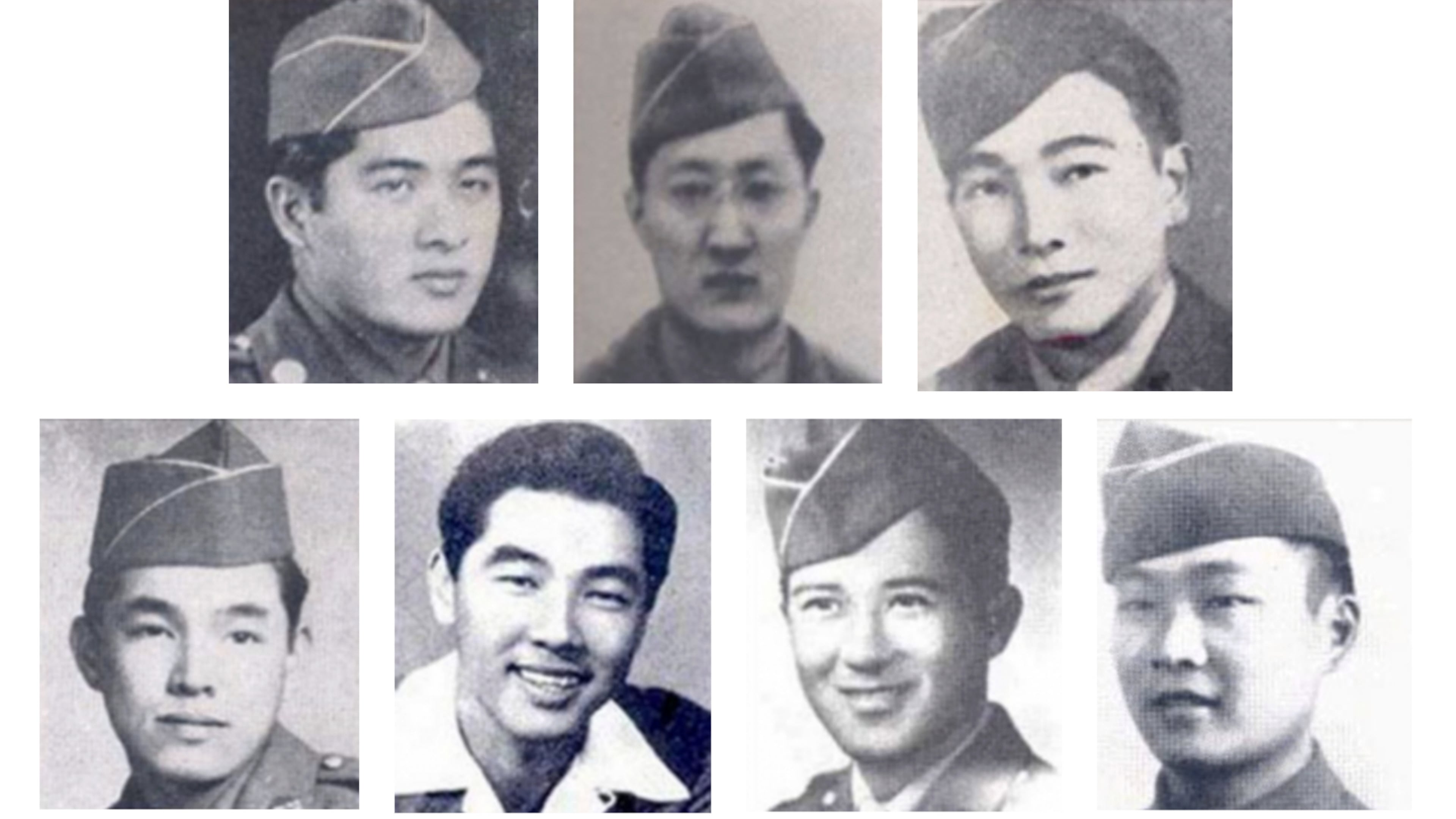 This combo image made with photos provided by the U.S. Army Pacific shows, from left to right, University of Hawaii ROTC cadets Jenhatsu Chinen, Daniel Betsui and Howard Urabe, top row, and Hiroichi Tomita, Grover Nagaji, Robert Murata and Akio Nishikawa, bottom row. (U.S. Army Pacific via AP)