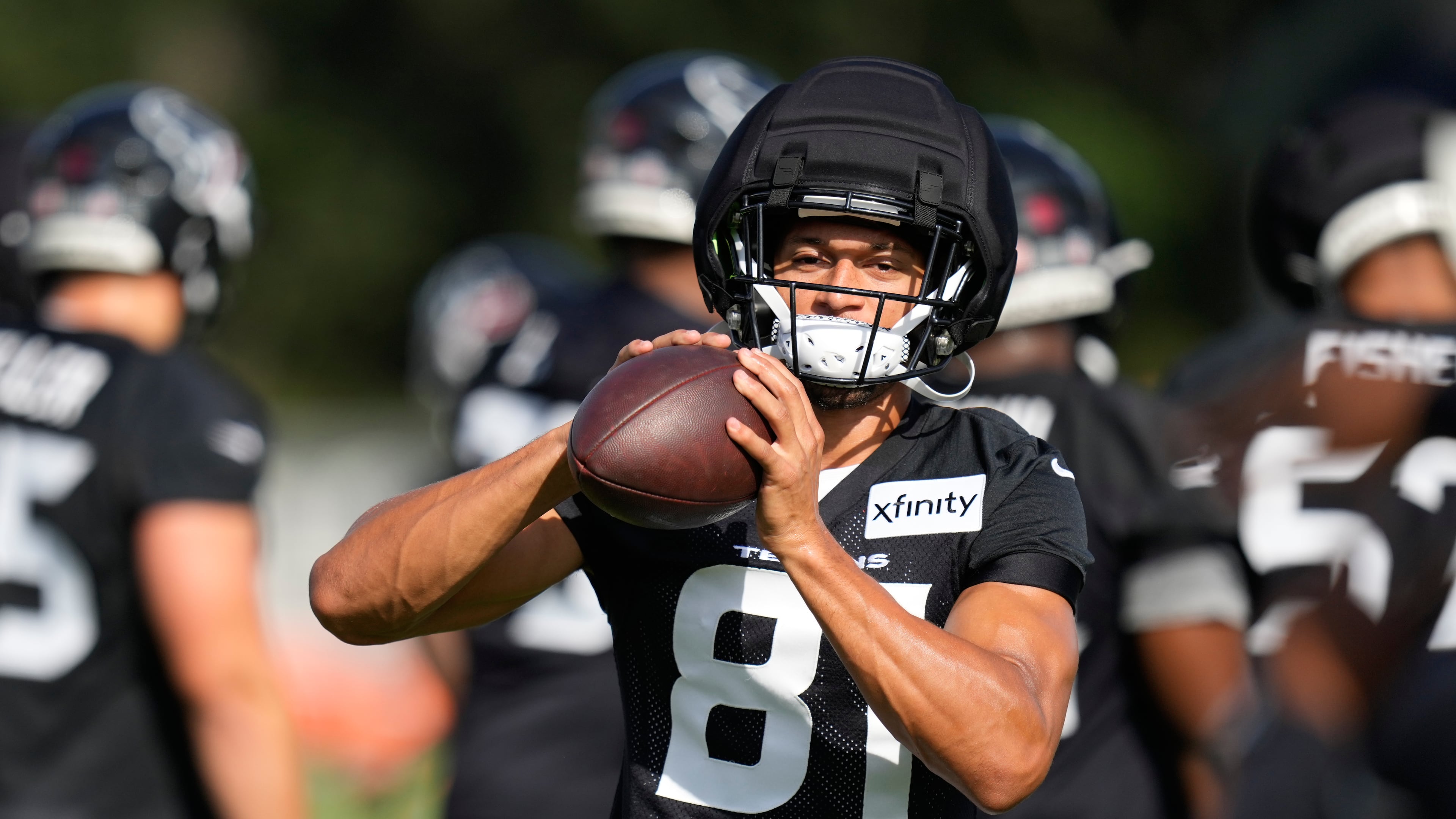 Houston Texans wide receiver Jayden Higgins works out during the team's NFL football training camp in Houston, Wednesday, July 29, 2026. (AP Photo/Ashley Landis)
