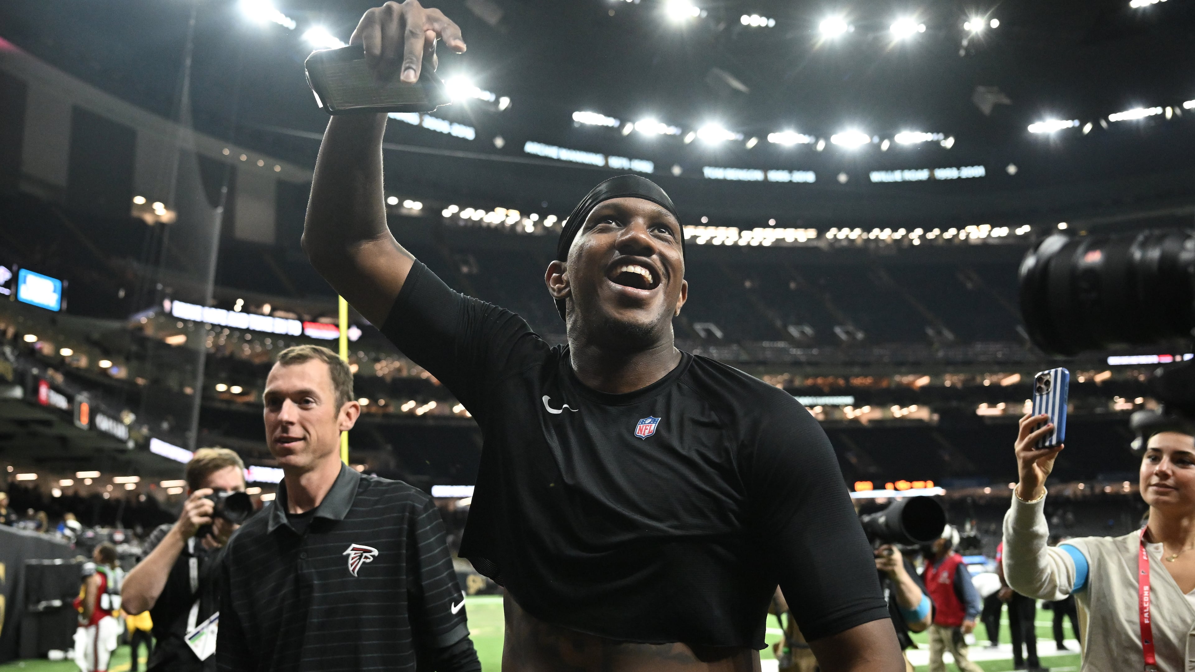 Falcons quarterback Michael Penix Jr. celebrates after defeating the Saints, 45-24, on Monday, Oct. 5, 2026, in New Orleans. It was the largest winning margin for the Falcons at New Orleans since a 41-10 victory in 1981. (Ella Hall/AP)