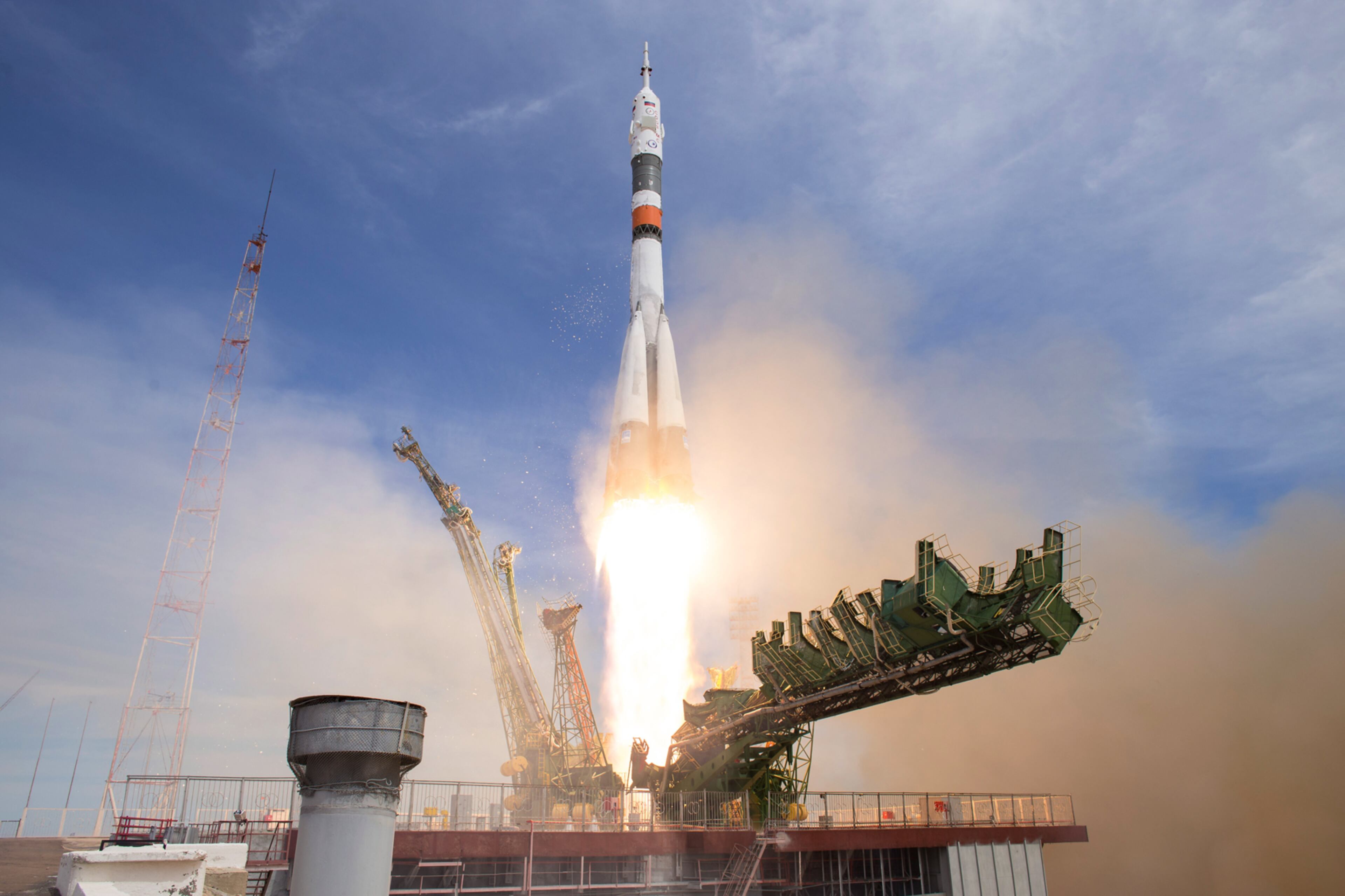 BAIKONUR, KAZAKHSTAN - APRIL 20: In this handout provided by NASA, the Soyuz MS-04 rocket carrying Expedition 51 Soyuz Commander Fyodor Yurchikhin of Roscosmos and Flight Engineer Jack Fischer of NASA launches from the Baikonur Cosmodrome on April 20, 2017 in Baikonur, Kazakhstan. Yurchikhin and Fischer will spend the next four and a half months aboard the International Space Station. (Photo by Aubrey Gemignani/NASA via Getty Images) *** BESTPIX ***