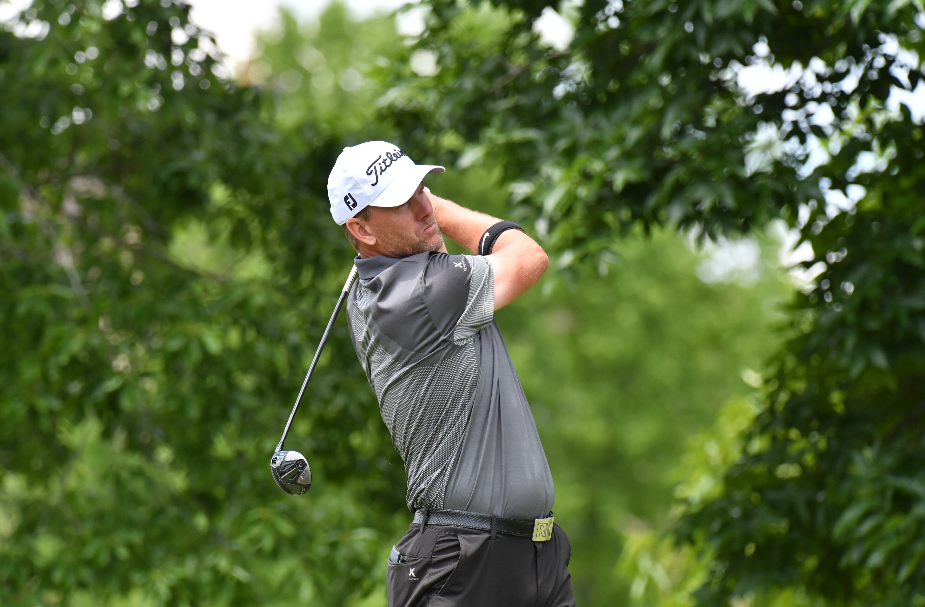 Robert Karlsson plays a shot from the 12th tee during the first round of the Mitsubishi Electric Classic at TPC Sugarloaf on Friday, May 14, 2021. (Hyosub Shin / Hyosub.Shin@ajc.com)