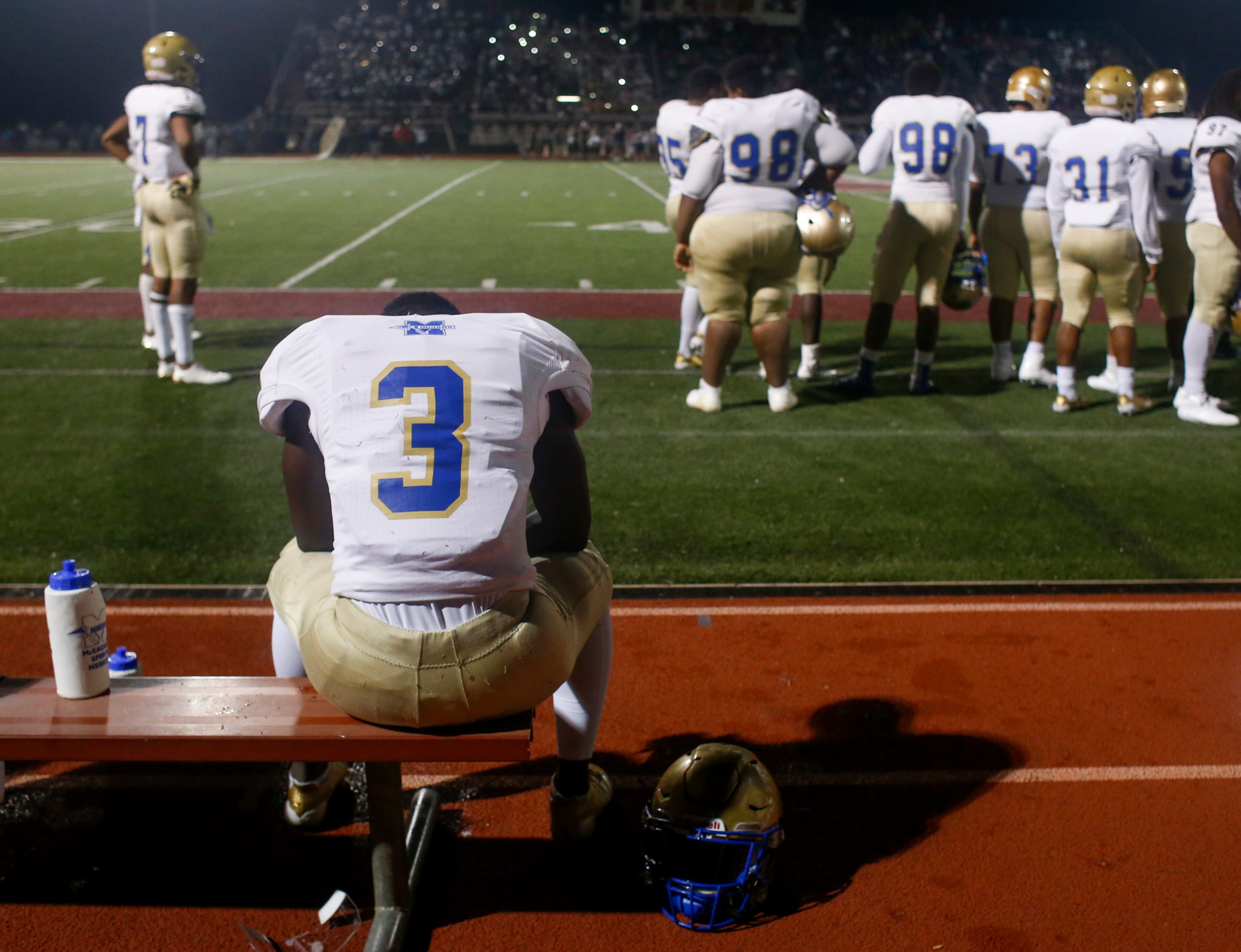 McEachern running back Ali Scott (3) hangs his head on the sidelines late in the fourth quarter of a high school football game between the McEachern Indians and the Hillgrove Hawks at Hillgrove High School in Powder Springs, Georgia, on Friday, Nov. 3, 2017. Hillgrove came out with a 14-7 victory over McEachern, who went into the game undefeated. (CASEY SYKES, CASEY.SYKES@AJC.COM)