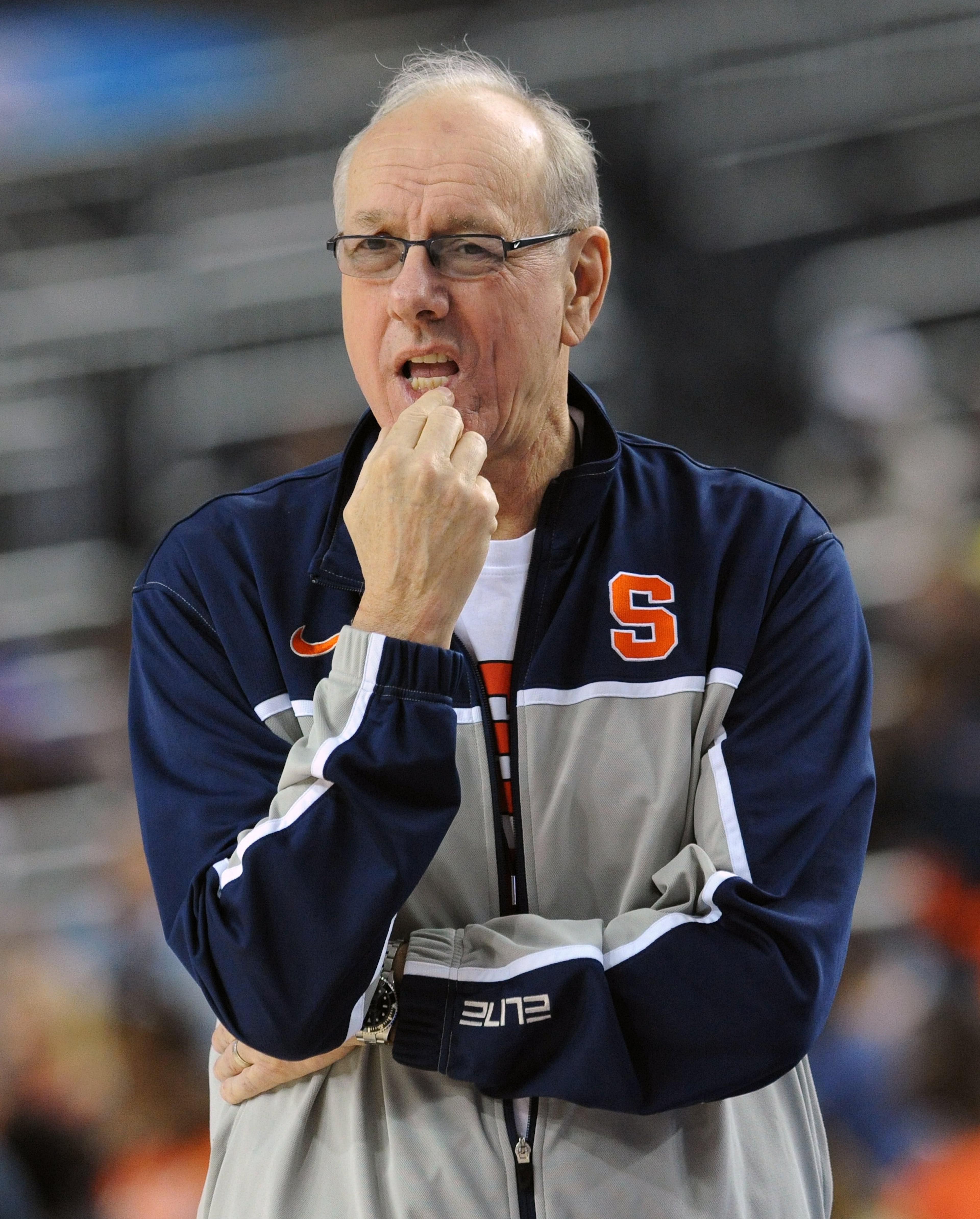 Syracuse's coach Jim Boeheim watches his players during Final Four basketball practice in the Georgia Dome on Friday, April 5, 2013.