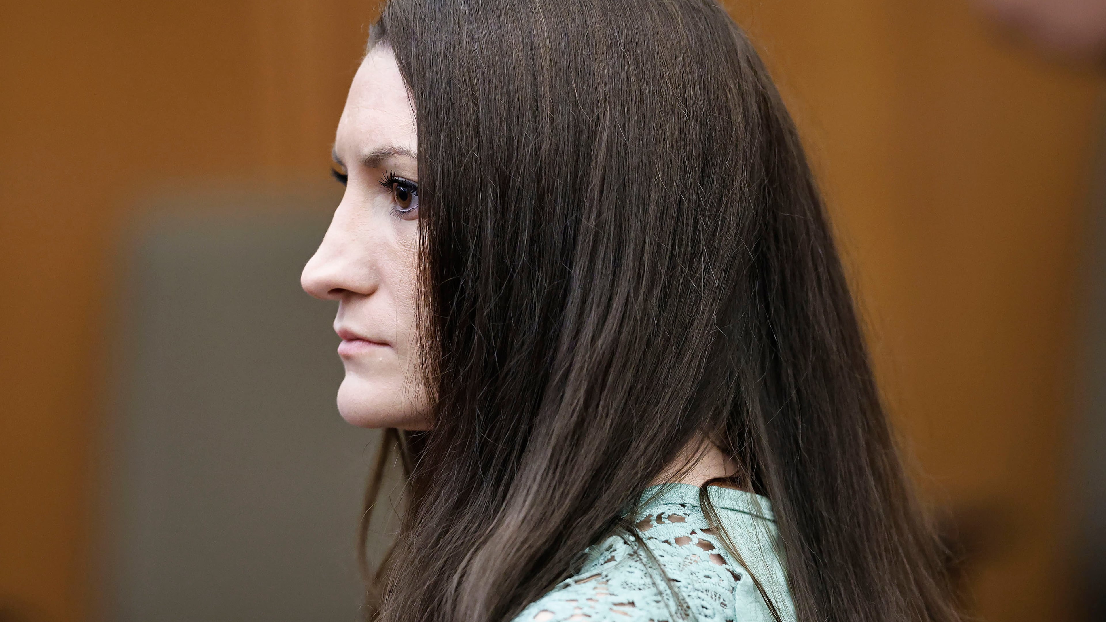 Lindsay Clancy watches jurors as they enter the courtroom to start their second day of deliberations in her murder trial at Plymouth Superior Court on Friday, Aug. 28, 2026 in Plymouth Mass. (Greg Derr/The Patriot Ledger via AP, Pool)
