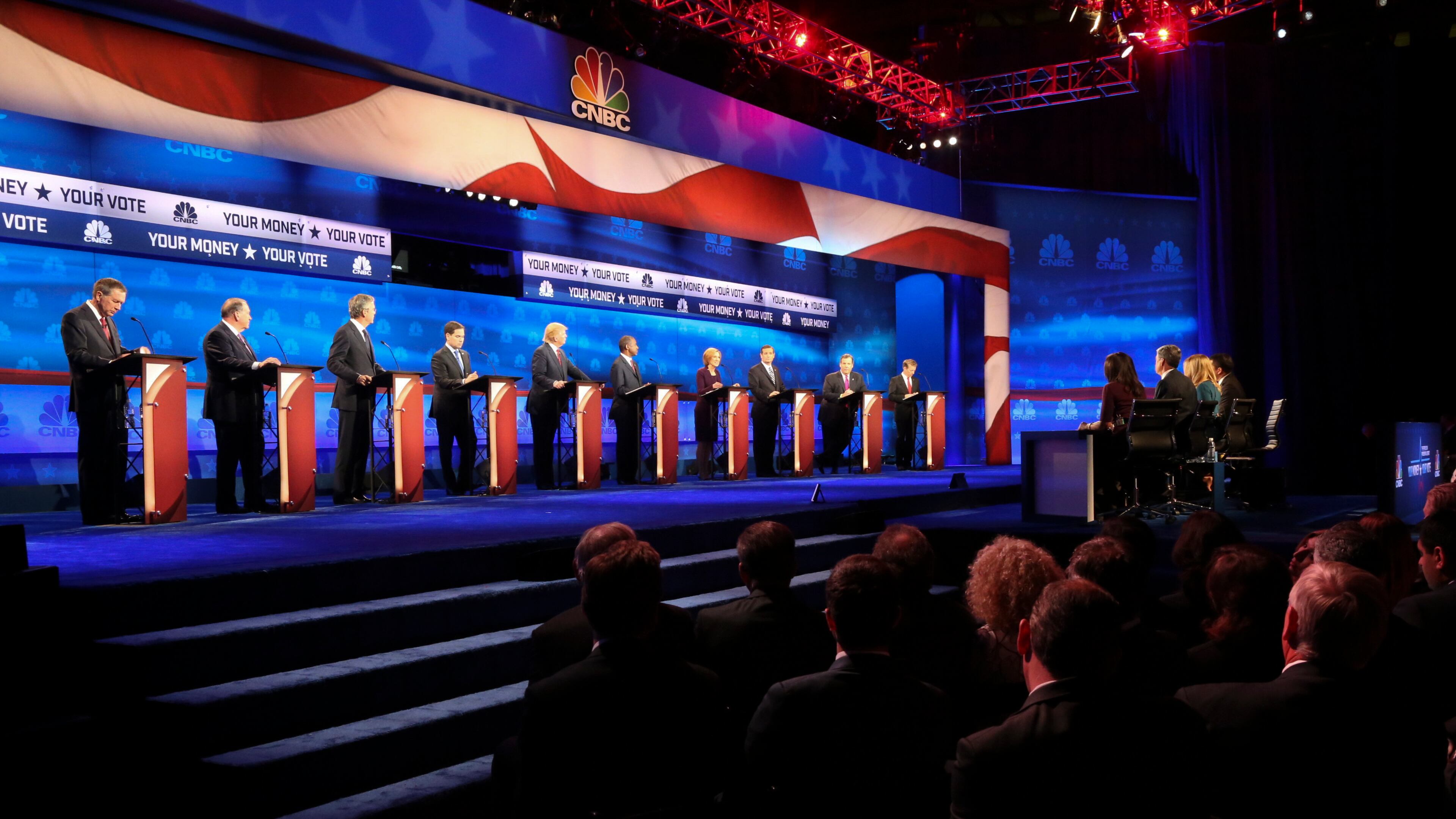 Republican presidential hopefuls take part in CNBC’s Republican debate at the University of Colorado in Boulder on Wednesday. Jim Wilson/The New York Times