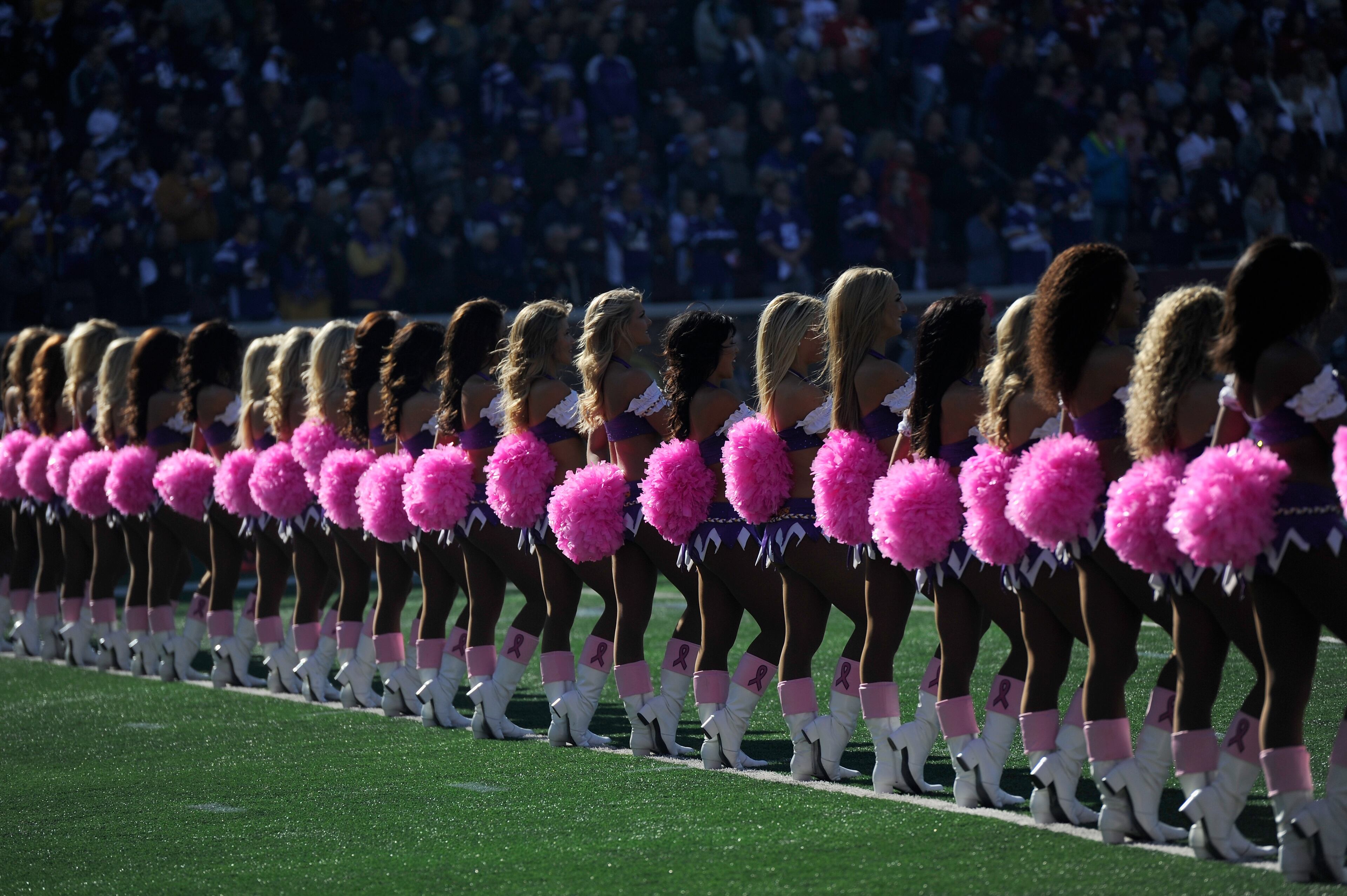 MINNEAPOLIS, MN - OCTOBER 18: Cheerleaders for the Minnesota Vikings stand for the National Anthem before the game between the Minnesota Vikings and the Kansas City Chiefs on October 18, 2015 at TCF Bank Stadium in Minneapolis, Minnesota. (Photo by Hannah Foslien/Getty Images)