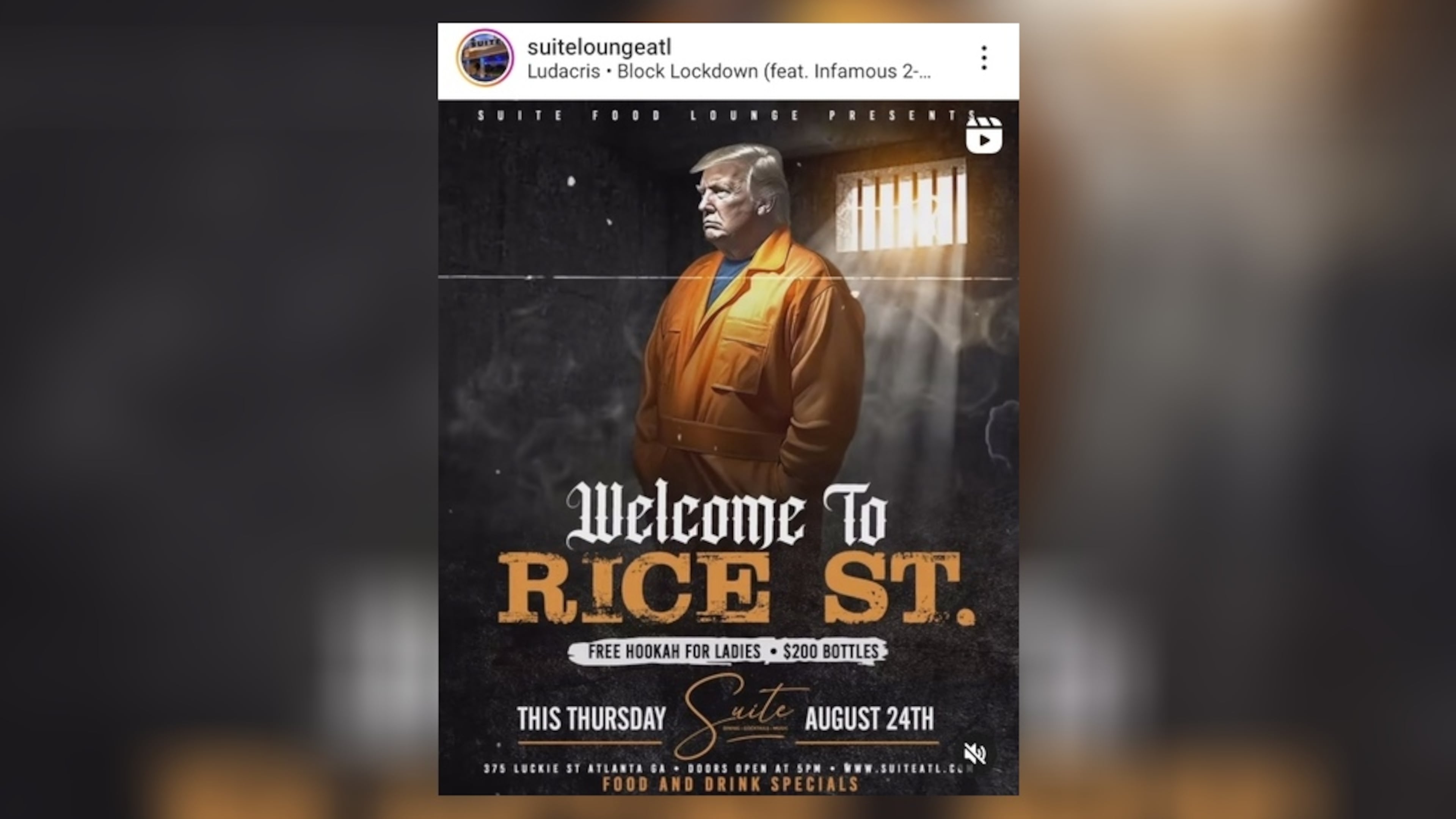 Suite Lounge is holding a "Welcome to Rice St." party on Thursday to commemorate former President Donald Trump surrendering himself to Fulton County authorities. Instagram.com screenshot.