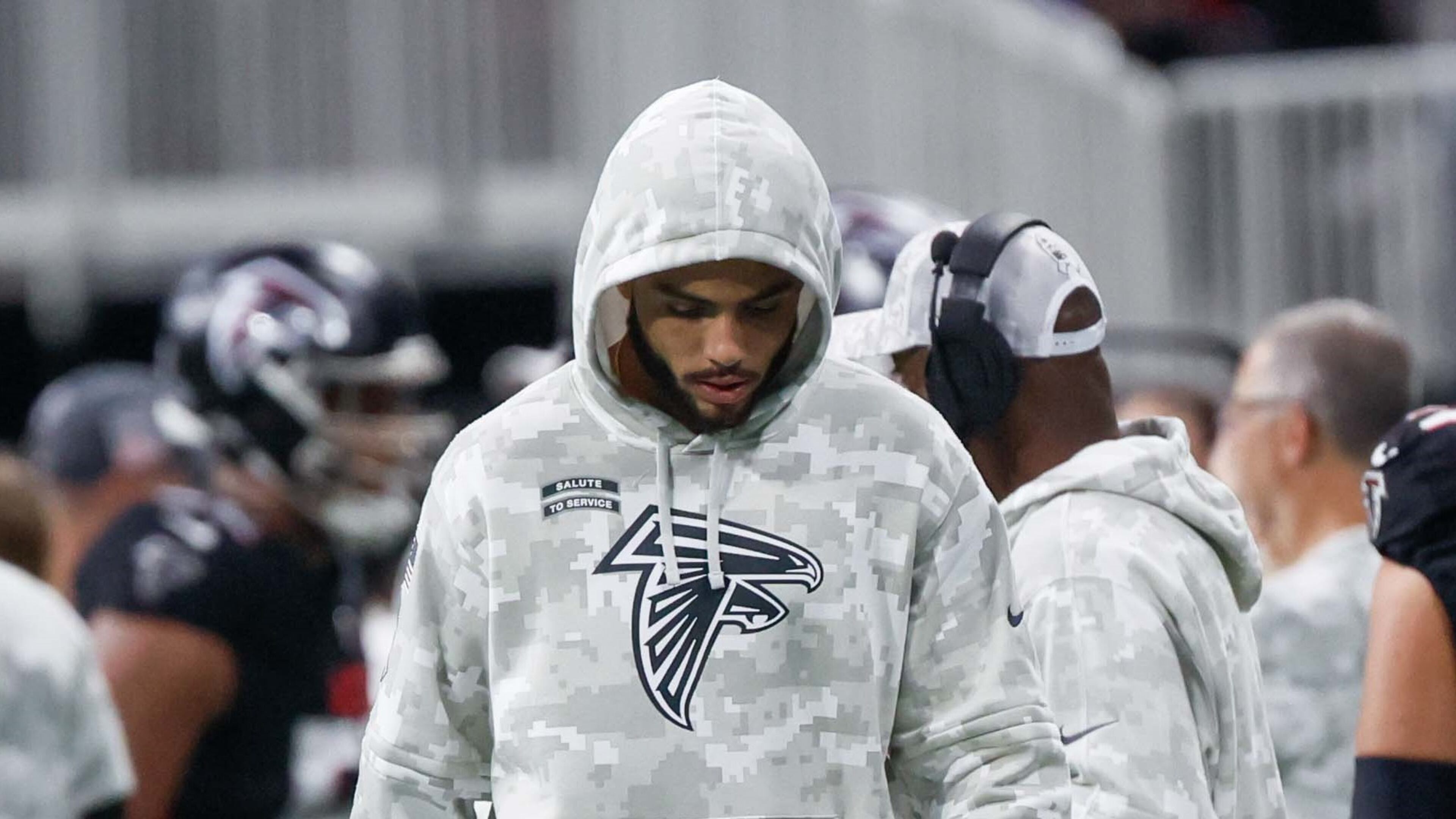 Drake London on the sidelines during the second half of the Nov. 3 Falcons-Cowboys game at Mercedes-Benz Stadium.
(Miguel Martinez/ AJC)