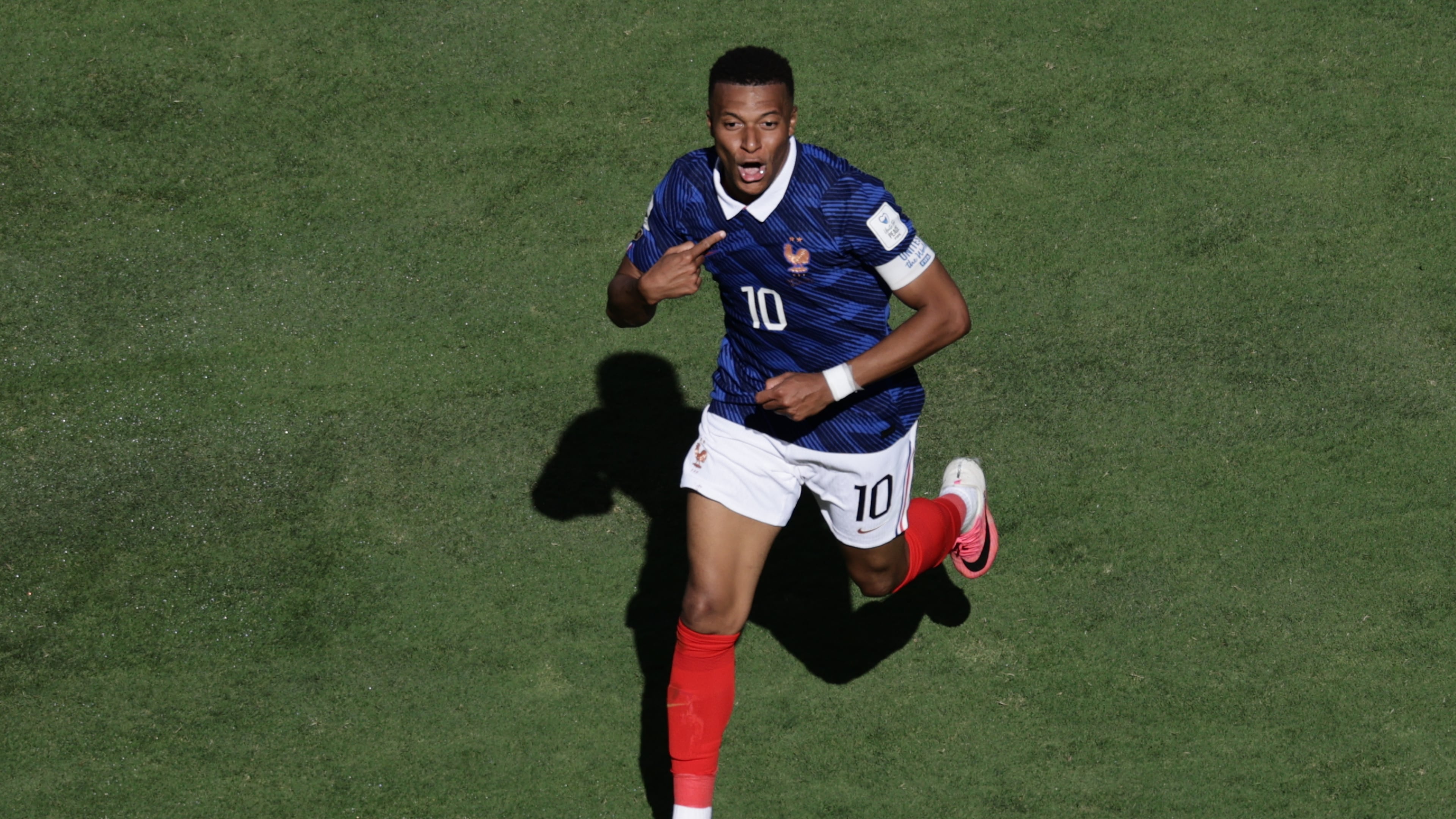 France's Kylian Mbappe celebrates after scoring thrid goal during the World Cup Group I soccer match between France and Senegal in East Rutherford, N.J., near New York, Tuesday, June 16, 2026. (AP Photo/Adam Hunger)