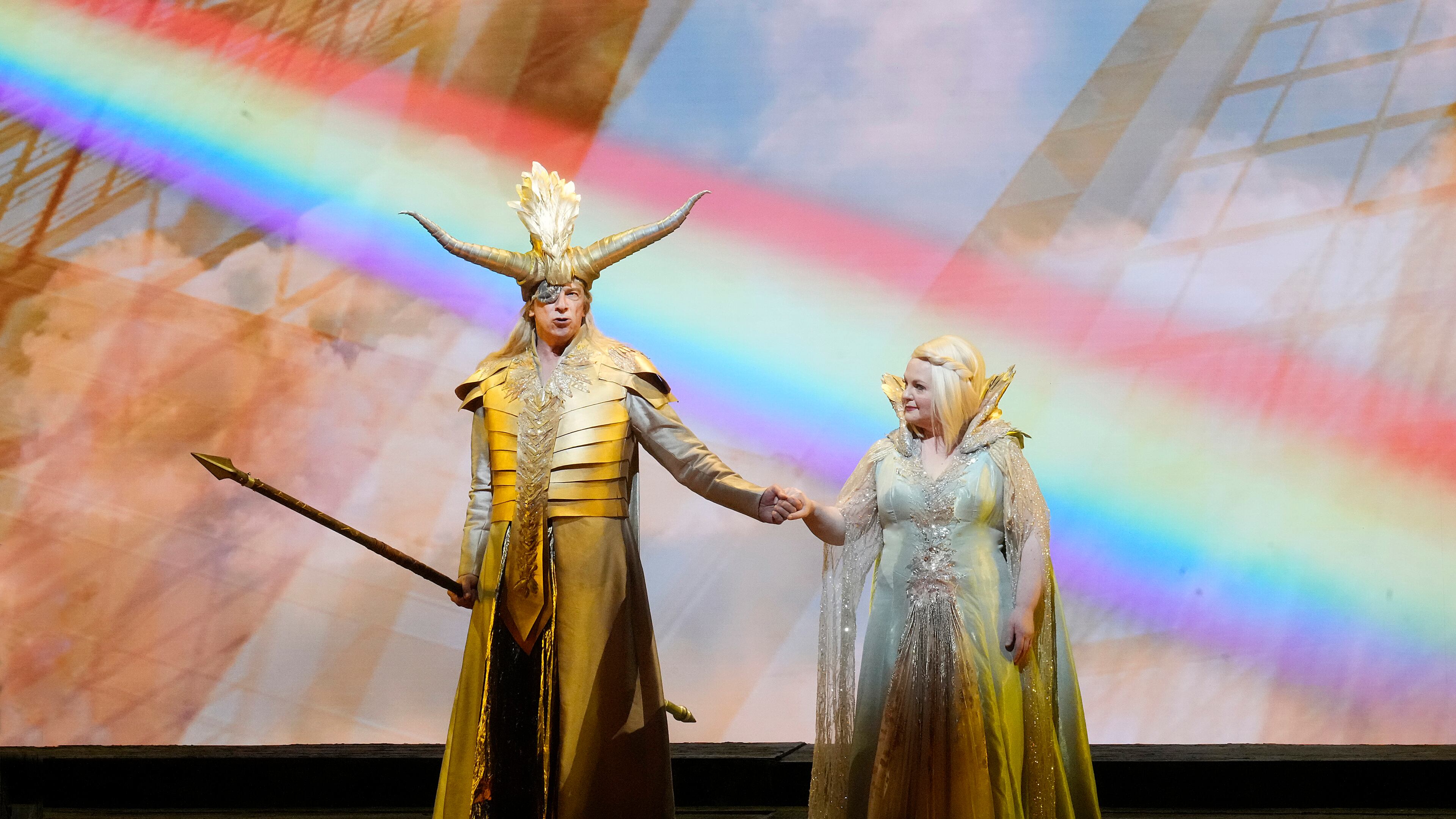 Wotan (Greer Grimsley) and Fricka (Elizabeth DeShong) prepare to take the rainbow bridge to Valhalla in The Atlanta Opera's landmark production of "Das Rheingold." (Photo by Ken Howard)