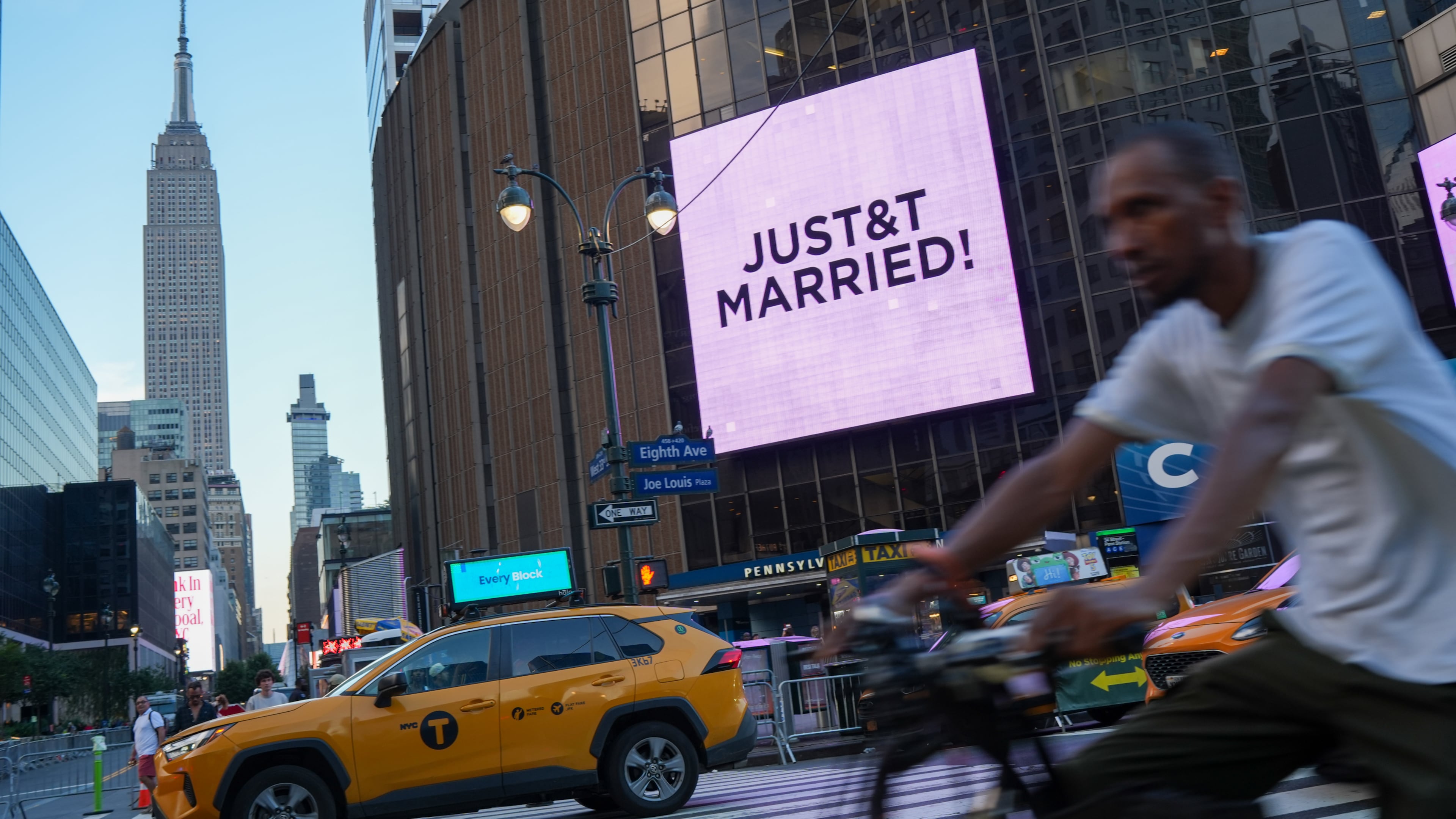A "Just Married" sign is displayed on Madison Square Garden during a wedding between singer Taylor Swift and National Football League player Travis Kelce on Friday, July 3, 2026, in New York. (AP Photo/Ryan Murphy)