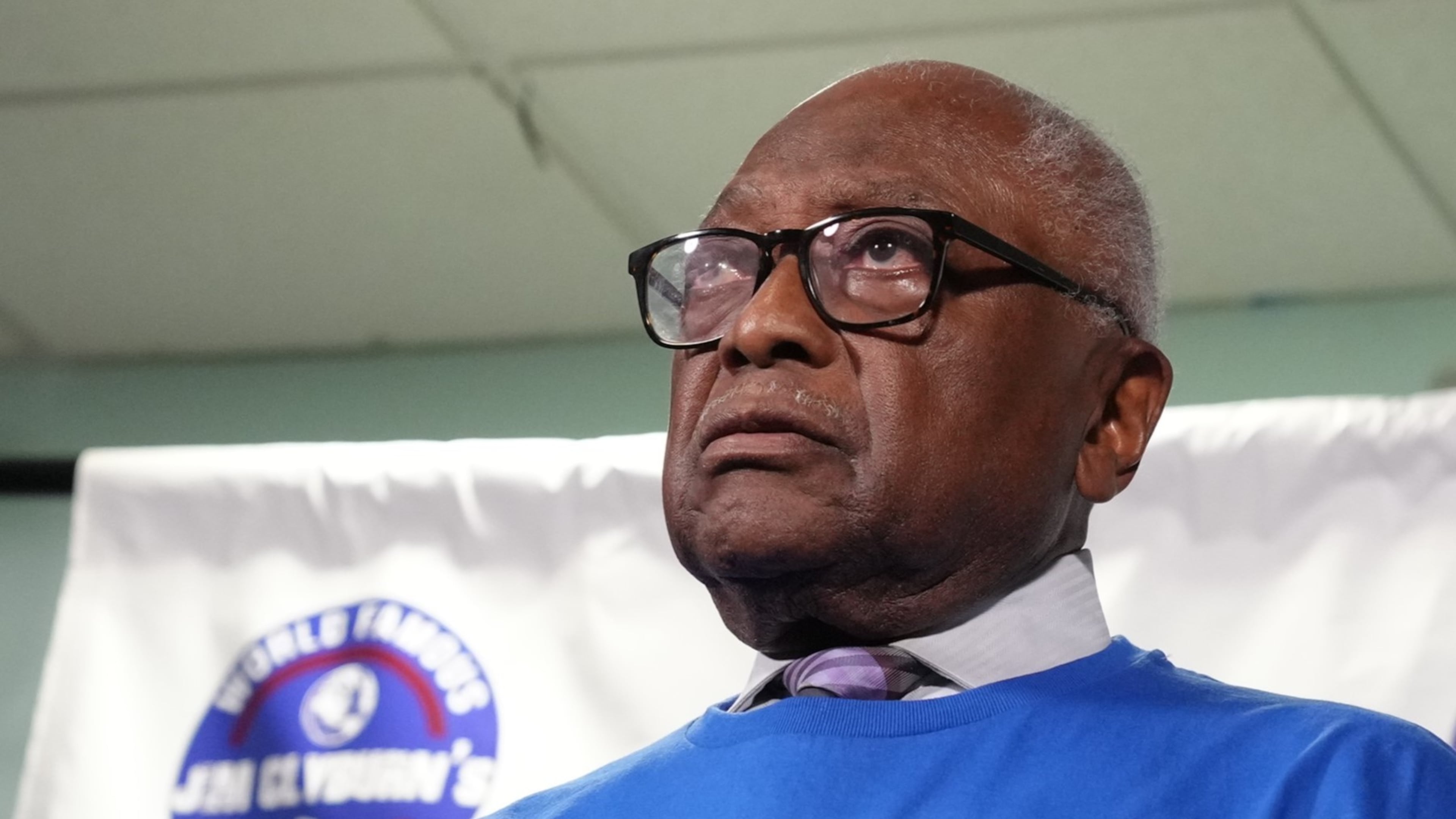 U.S. Rep. Jim Clyburn, D-S.C., speaks to reporters ahead of remarks at his "World Famous Fish Fry" event on Friday, May 29, 2026, in Columbia S.C. (AP Photo/Meg Kinnard)