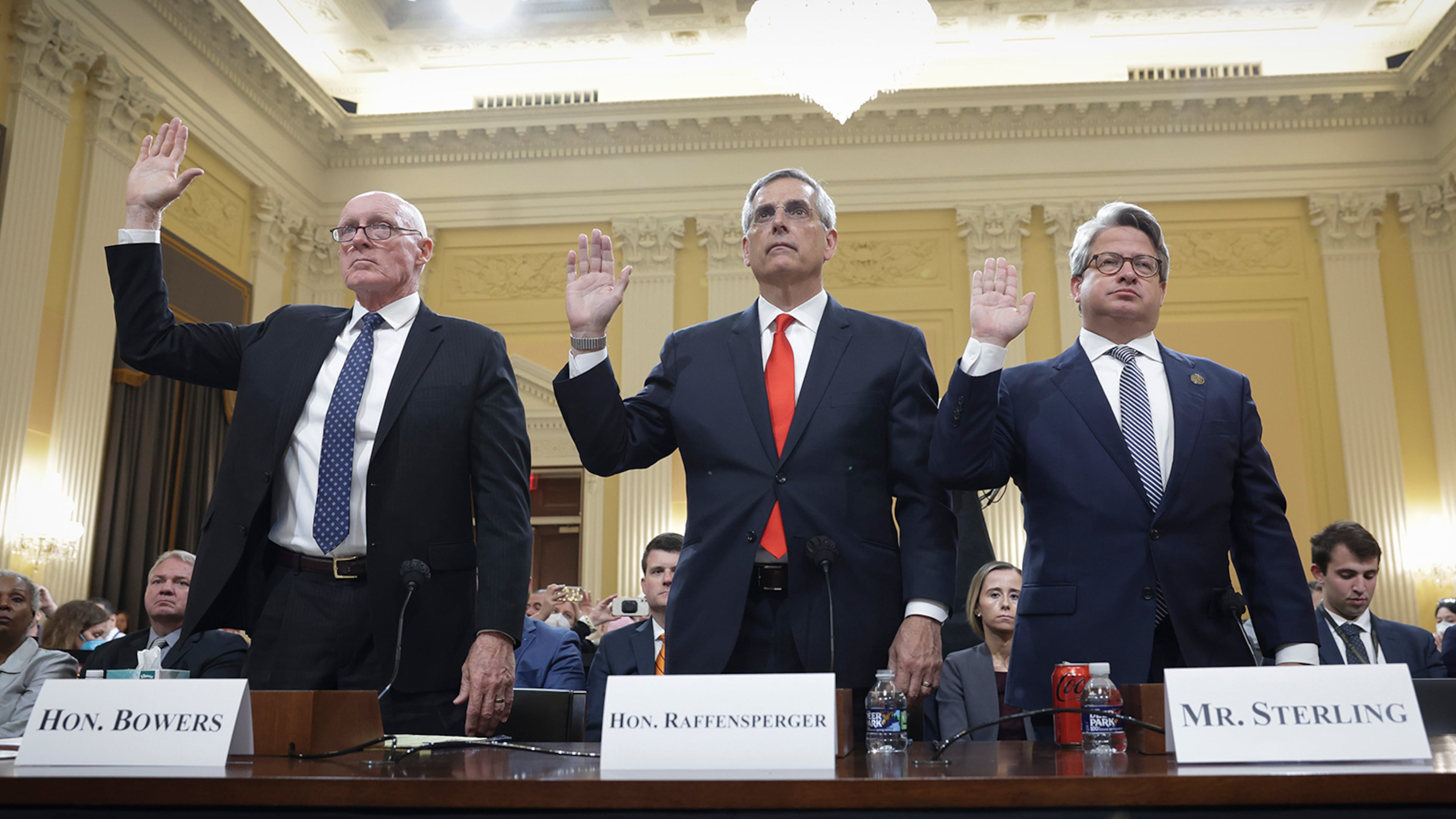 From left to right: Arizona House Speaker Rusty Bowers, Georgia Secretary of State Brad Raffensperger and Gabriel Sterling, chief operating officer of the Georgia secretary of state's office, are sworn in prior to testifying Tuesday during the fourth public hearing of the U.S. House committee investigating the Jan. 6, 2021, attack on the Capitol. (Kevin Dietsch/Getty Images/TNS)
